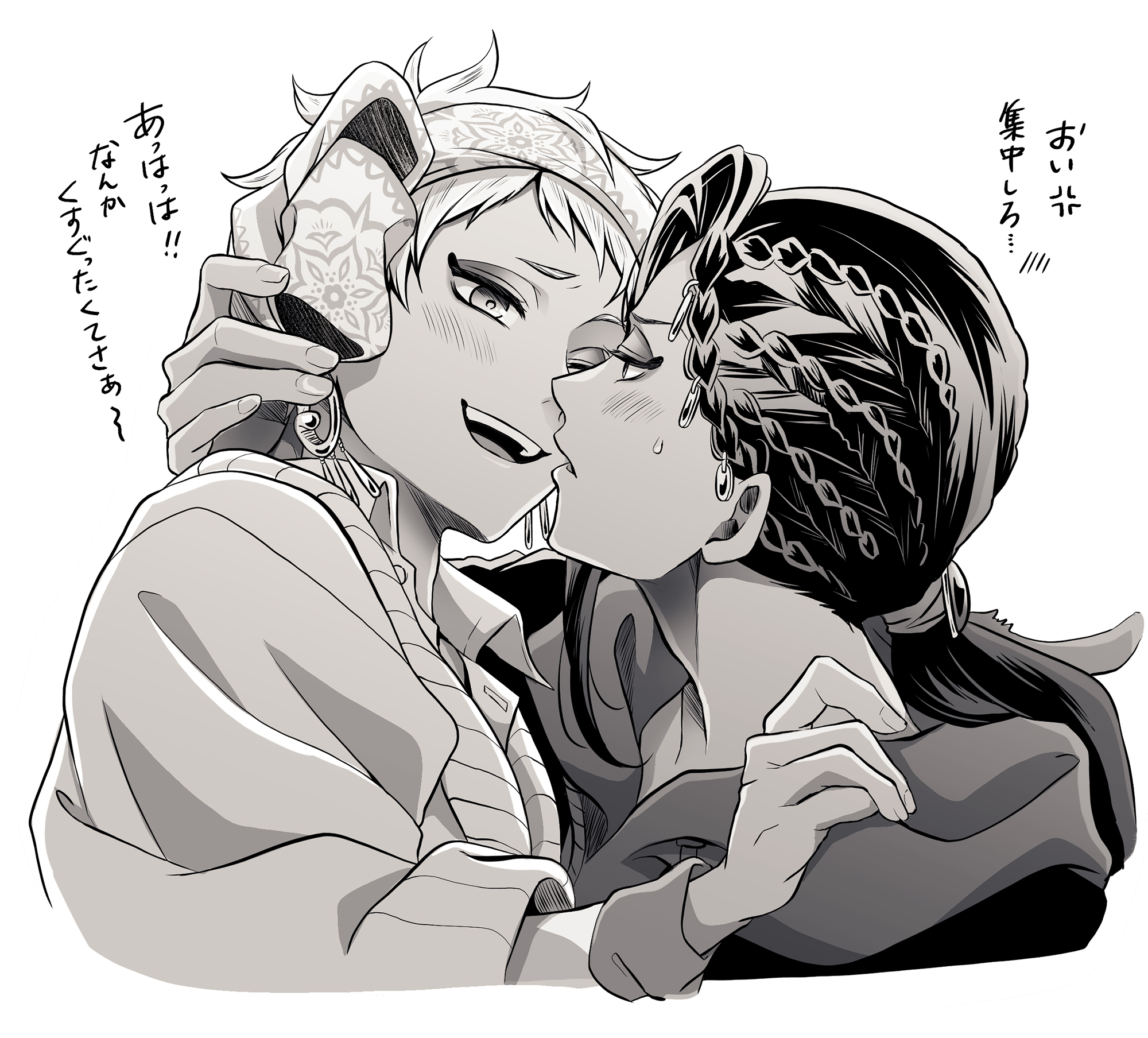 kumaru ayaka, jamil viper, kalim al-asim, twisted wonderland, commentary request, highres, translation request, 2boys, armband, blush, braid, cropped torso, earrings, eye contact, fingernails, hand on another's shoulder, headband, jewelry, long hair, looking at another, male focus, multiple boys, piercing, ponytail, short hair, smile, sweatdrop, sweater, teeth, upper teeth only, white background, yaoi