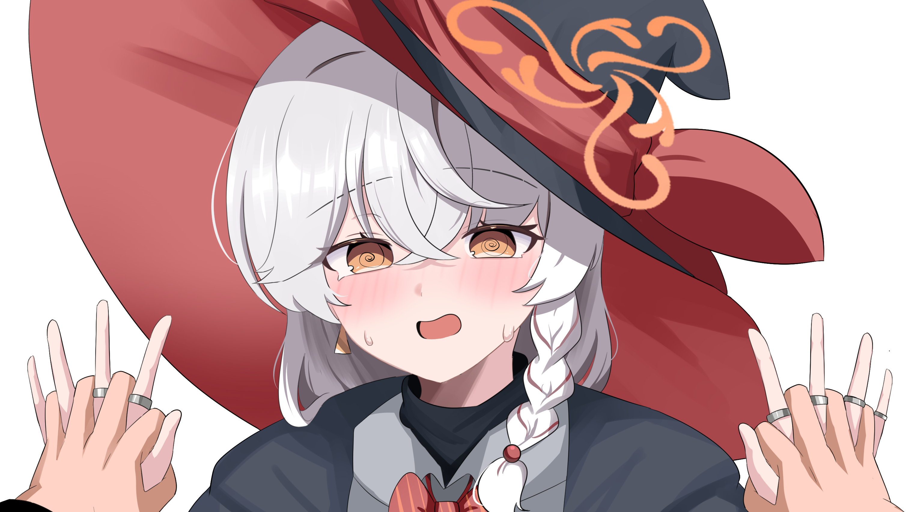 sabnak66, eri (blue archive), sensei (blue archive), blue archive, highres, 1girl, 1other, @ @, black robe, blush, bow, hair between eyes, halo, hat, holding, holding hands, jewelry, open mouth, orange eyes, orange halo, red bow, ring, robe, shirt, simple background, sweat, white background, white hair, white shirt, witch hat