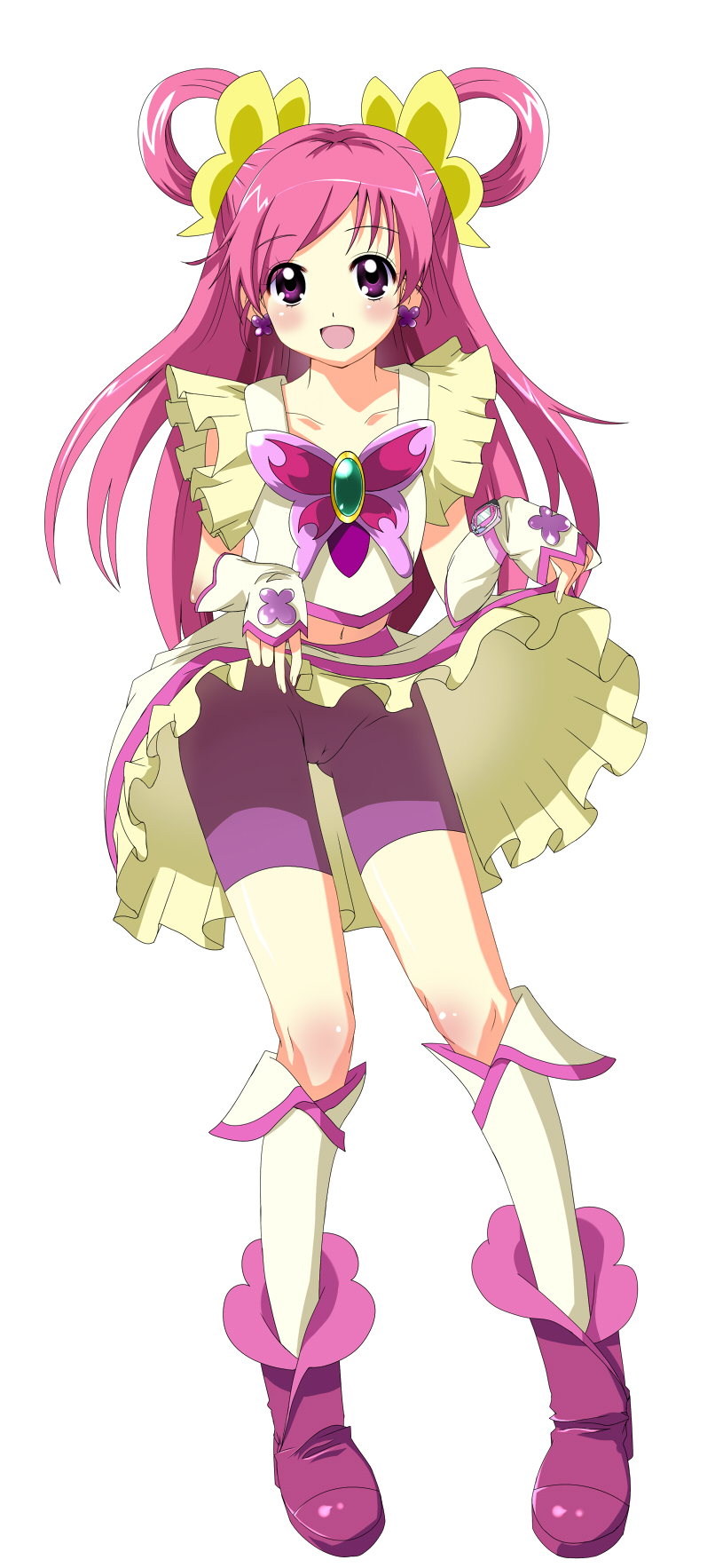 himawari (sunflower), cure dream, yumehara nozomi, precure, yes! precure 5, highres, 00s, 1girl, :d, bike shorts, bike shorts under skirt, blush, boots, brooch, bug, butterfly, cameltoe, clothes lift, detached sleeves, earrings, eyelashes, female focus, hair rings, high heels, insect, jewelry, kneehighs, long hair, magical girl, midriff, navel, open mouth, pink eyes, pink hair, pink shorts, purple eyes, shoes, shorts, shorts under skirt, skirt, skirt lift, smile, socks, solo, twintails, very long hair, watch, white background, wristwatch