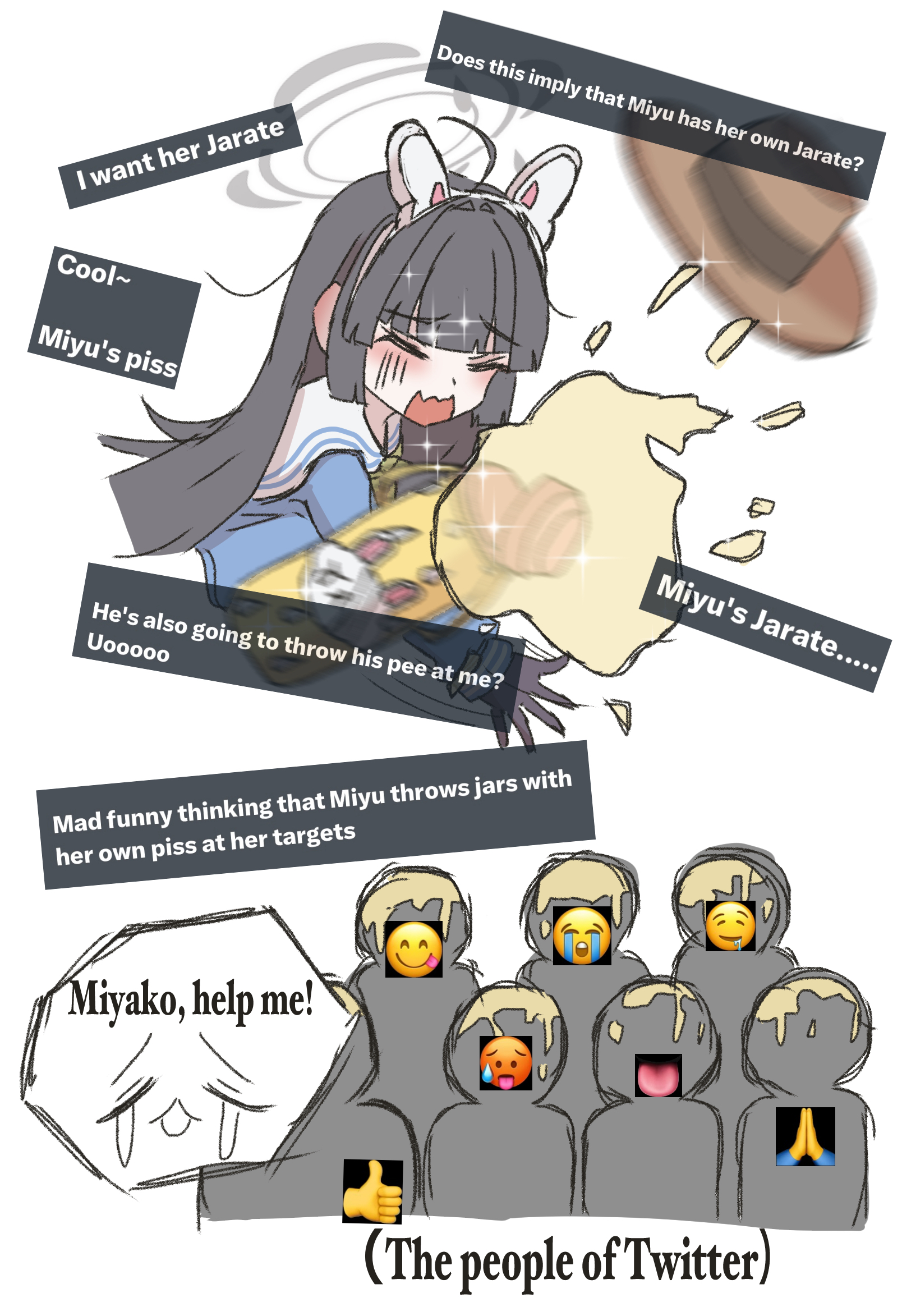 ayo5108, miyu (blue archive), sniper (tf2), blue archive, team fortress 2, highres, 1girl, 6+others, closed eyes, crying, crying emoji, emoji, english text, flask, halo, hat, jarate, meme, multiple others, pee, pee in container, praying emoji, throwing, tongue, tongue out, uohhhhhhhhh! (meme)