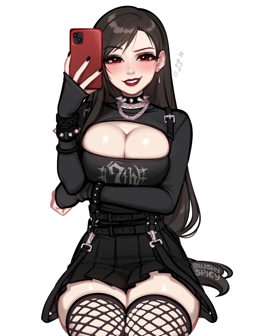 blushyspicy, tifa lockhart, final fantasy, final fantasy vii, commentary, english commentary, highres, 1girl, alternate costume, arm under breasts, black choker, black hair, black nails, breasts, choker, cleavage, earrings, fishnet thighhighs, fishnets, gloves, goth fashion, jewelry, large breasts, long hair, looking at viewer, red eyes, red lips, selfie, smile, solo, spiked choker, spikes, teeth, thighhighs