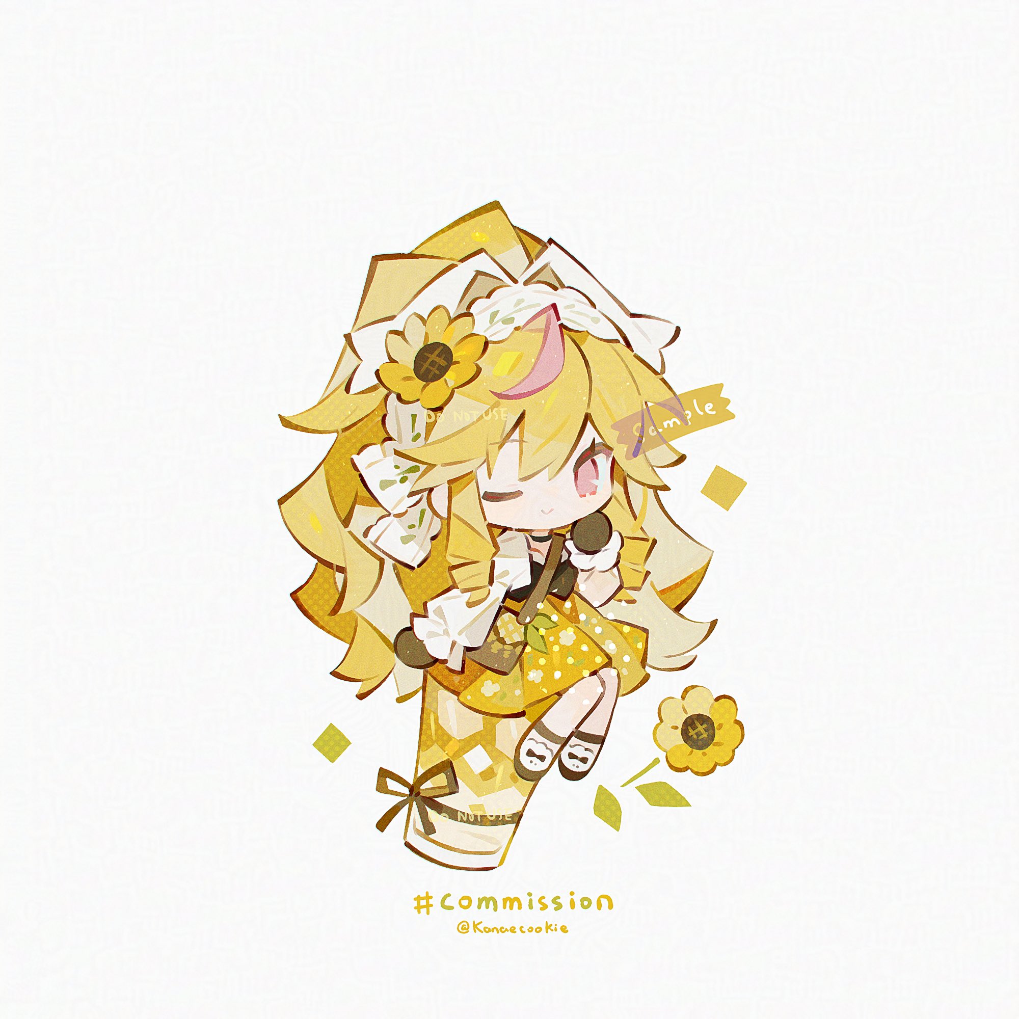 kanae (cookie), original, commission, highres, 1girl, ;), ball hands, black shirt, blonde hair, brown gloves, brown shoes, chibi, chibi only, closed mouth, flower, full body, gloves, hair flower, hair ornament, hand up, jacket, long hair, long sleeves, looking at viewer, one eye closed, open clothes, open jacket, pink eyes, ponytail, sample watermark, shirt, shoes, simple background, sitting, skirt, smile, solo, twitter username, very long hair, watermark, white background, white jacket, yellow skirt