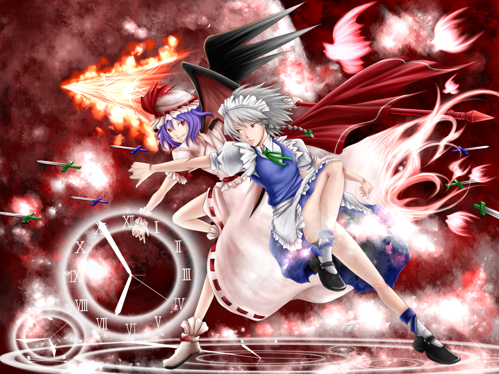 daizu (daizubatake), izayoi sakuya, remilia scarlet, touhou, silver hair, bad id, bad pixiv id, highres, 2girls, bat wings, blue hair, braid, dress, female focus, fire, hat, knife, magic circle, multiple girls, polearm, red eyes, short hair, spear, spear the gungnir, weapon, wings