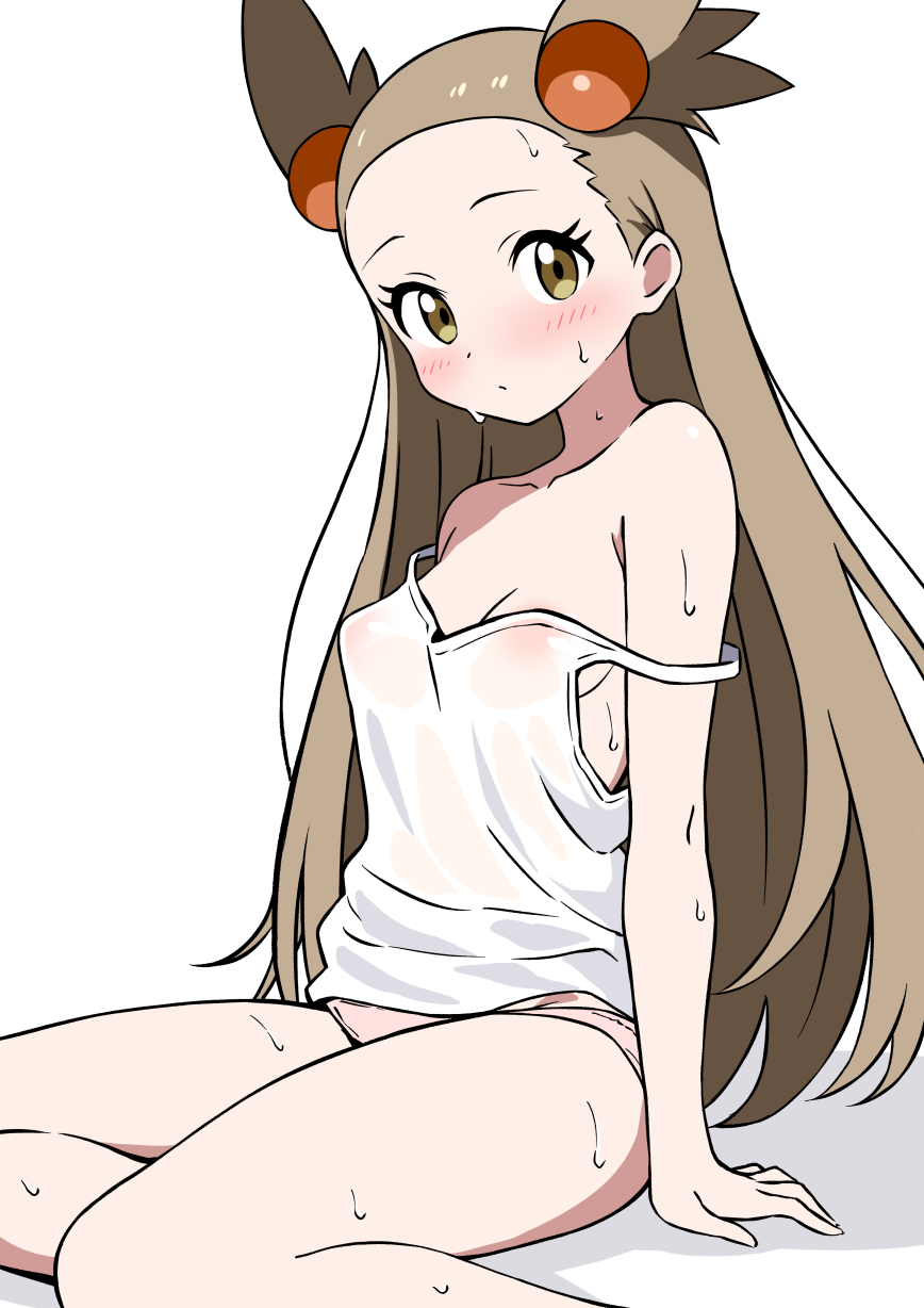 ecgg (tsuji418477), jasmine (pokemon), nintendo, pokemon, pokemon gsc, highres, 1girl, blush, breasts, brown eyes, brown hair, camisole, closed mouth, dot mouth, eyelashes, hair bobbles, hair ornament, holding, long hair, looking at viewer, panties, pink panties, shadow, small breasts, two side up, underwear, white background