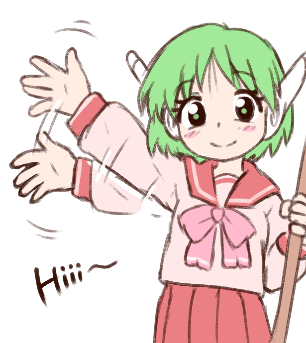 beachepisode, multi (to heart), to heart, to heart (series), 1girl, afterimage, blush, bow, bowtie, broom, english text, green eyes, green hair, holding, holding broom, looking at viewer, pleated skirt, robot ears, school uniform, serafuku, short hair, skirt, smile, solo, waving