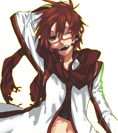 akio (89e), akaito, vocaloid, bad id, bad pixiv id, lowres, 1boy, fangs, glasses, male focus, microphone, one eye closed, red eyes, red hair, scarf, smile, solo, wink