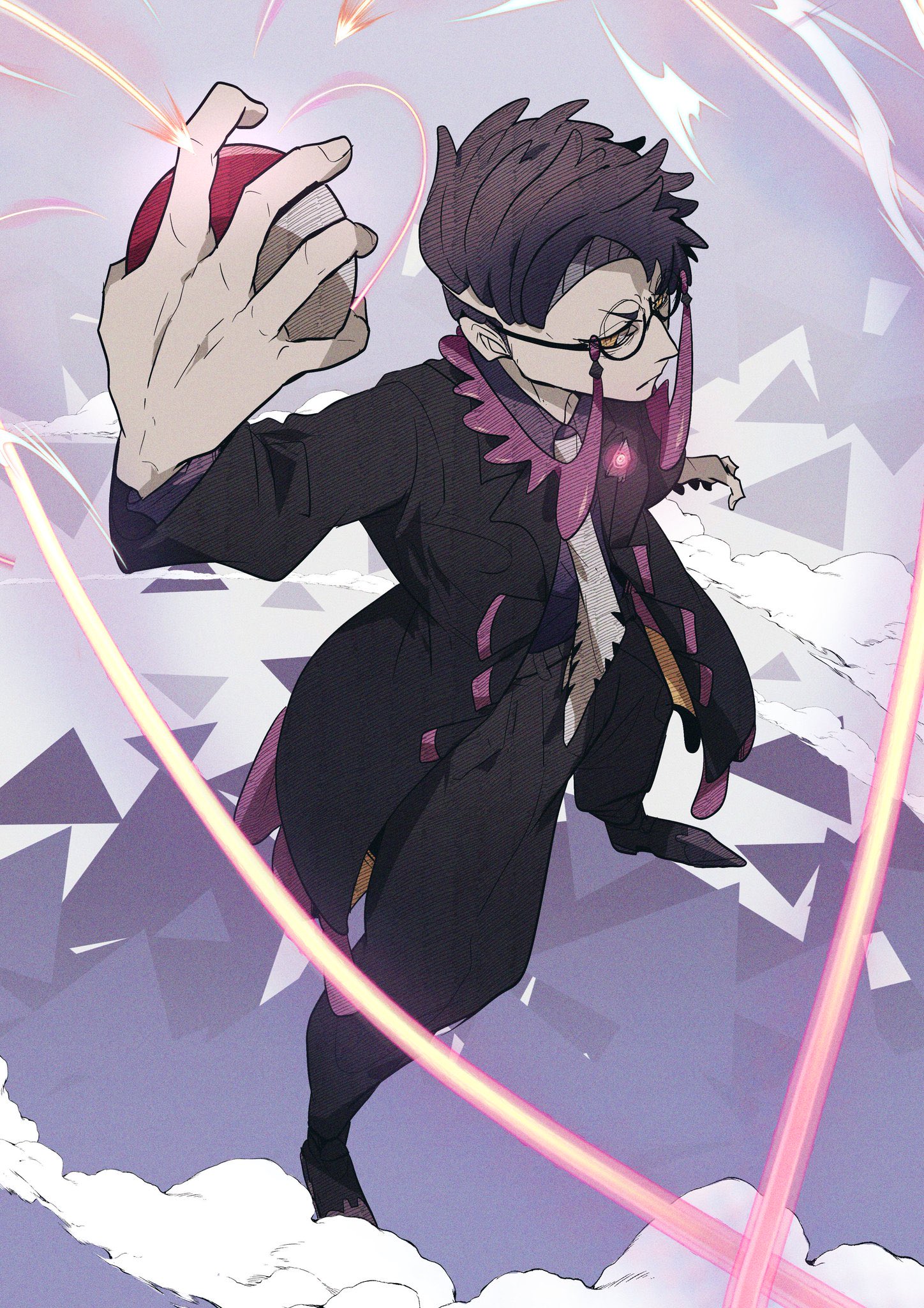 corbeau (pokemon), nintendo, pokemon, pokemon legends: z-a, commentary request, highres, 1boy, arm up, black coat, black pants, black shoes, closed mouth, coat, fingernails, frown, full body, furrowed brow, glasses, holding, holding poke ball, lapels, layered sleeves, long sleeves, male focus, omothi pkmn, open clothes, open coat, pants, parted hair, poke ball, poke ball (basic), purple hair, round eyewear, shoes, short hair, smoke, solo, standing, tassel, yellow eyes