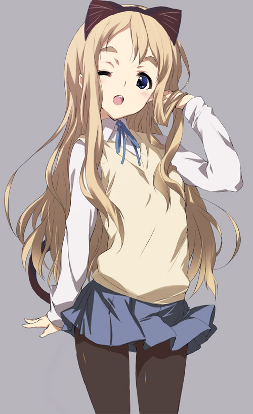 kawata hisashi, kotobuki tsumugi, k-on!, 00s, 1girl, animal ears, cat ears, cat tail, female focus, one eye closed, panties, panties under pantyhose, pantyhose, school uniform, solo, sweater vest, tail, underwear, wink