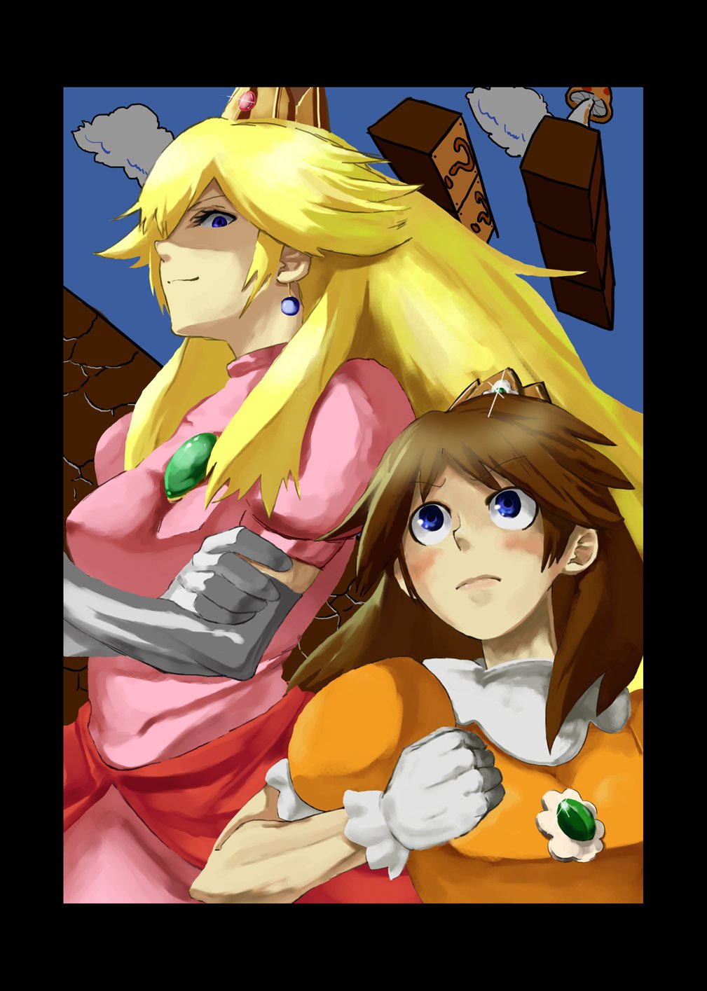 m ata, princess daisy, princess peach, mario (series), nintendo, super mario bros. 1, super mario land, highres, 2girls, ? block, blonde hair, blue eyes, breasts, brooch, brown hair, cloud, crossed arms, crown, earrings, elbow gloves, gloves, jewelry, long hair, multiple girls, mushroom, princess, sky, smirk, super mushroom