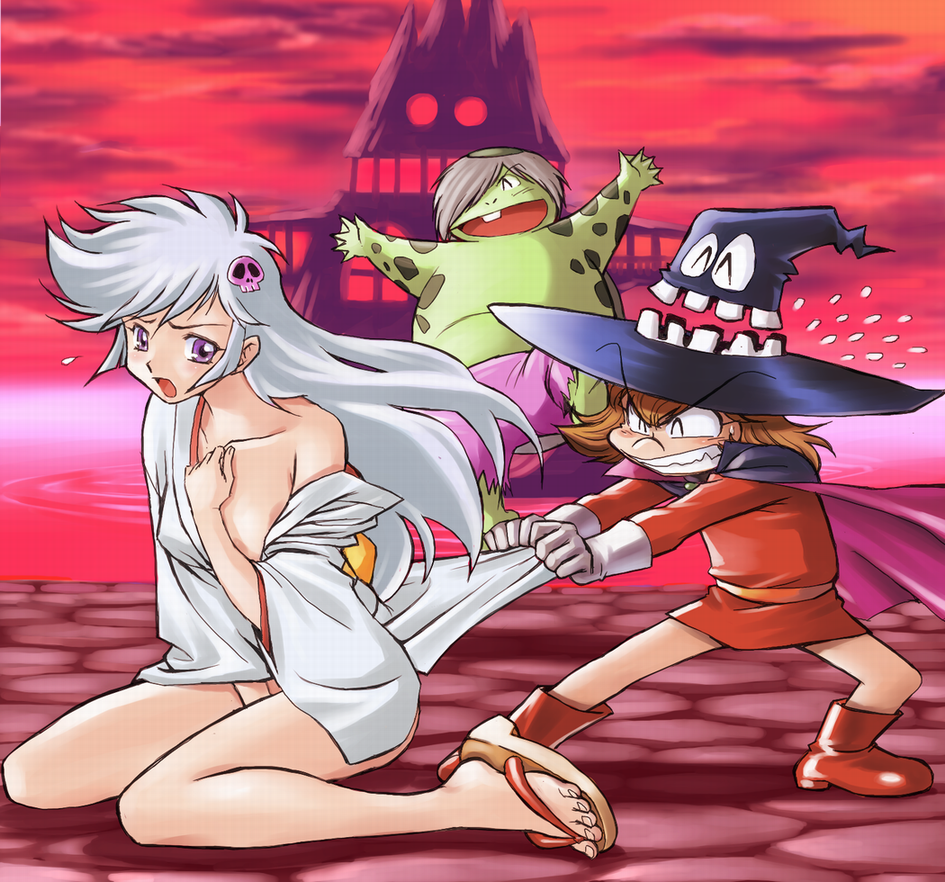 yusao, chapeauji, enma-kun, kappaeru, yukiko hime, dororon enma-kun, 1boy, 1girl, blonde hair, boots, cape, clothes pull, collarbone, dress pull, hair ornament, hat, japanese clothes, kappa, long hair, monster, no socks, off shoulder, open mouth, purple eyes, purple theme, ripping, sandals, shadow, shorts, sitting, skull, skull hair ornament, tooth, tunic, undressing, white hair, witch hat, yuki onna, zouri