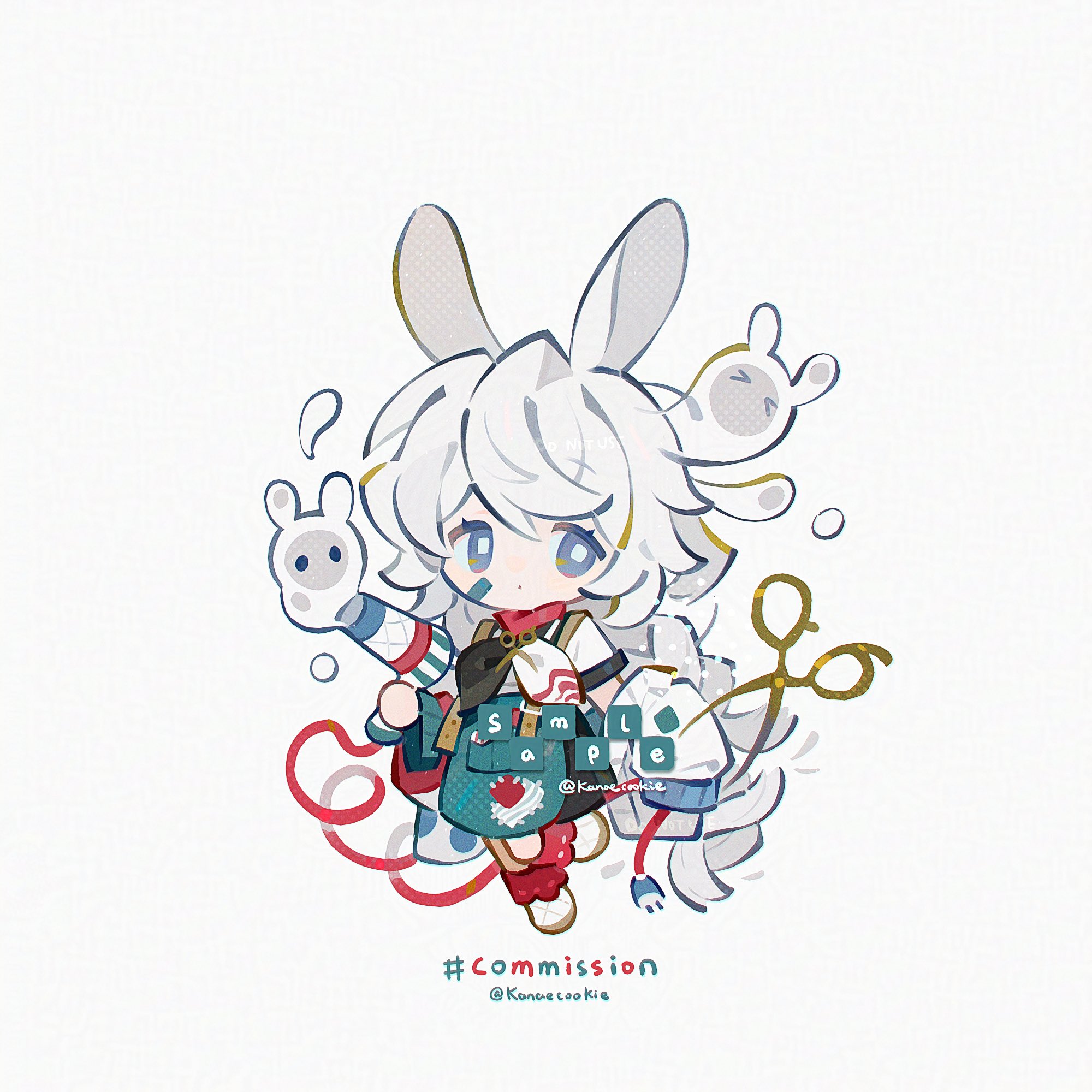 kanae (cookie), original, commission, highres, 1girl, animal ears, apron, bandaid, bandaid on cheek, bandaid on face, black skirt, blue eyes, brown shoes, chibi, chibi only, closed mouth, full body, green apron, hair dryer, holding, holding hair dryer, long hair, looking at viewer, neckerchief, rabbit ears, rabbit girl, sample watermark, shirt, shoes, short sleeves, simple background, skirt, sleeves past fingers, sleeves past wrists, socks, solo, standing, standing on one leg, twitter username, watermark, white background, white hair, white neckerchief, white shirt, white socks