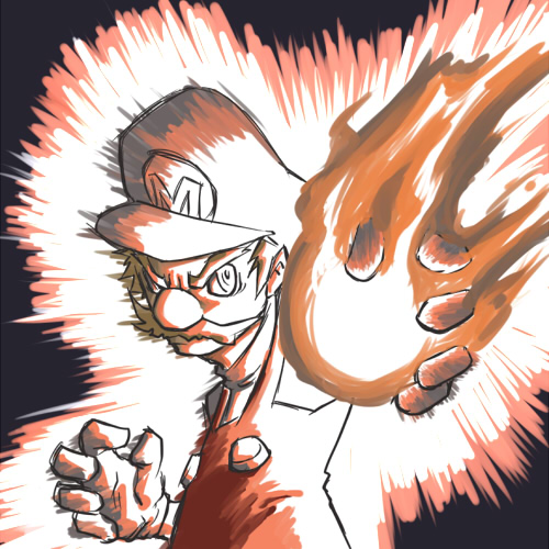 rippoutai, fire mario, mario, mario (series), nintendo, super mario bros. 1, bad id, bad pixiv id, lowres, 1boy, alternate costume, angry, facial hair, fire, gloves, hat, male focus, monochrome, mustache, overalls, solo