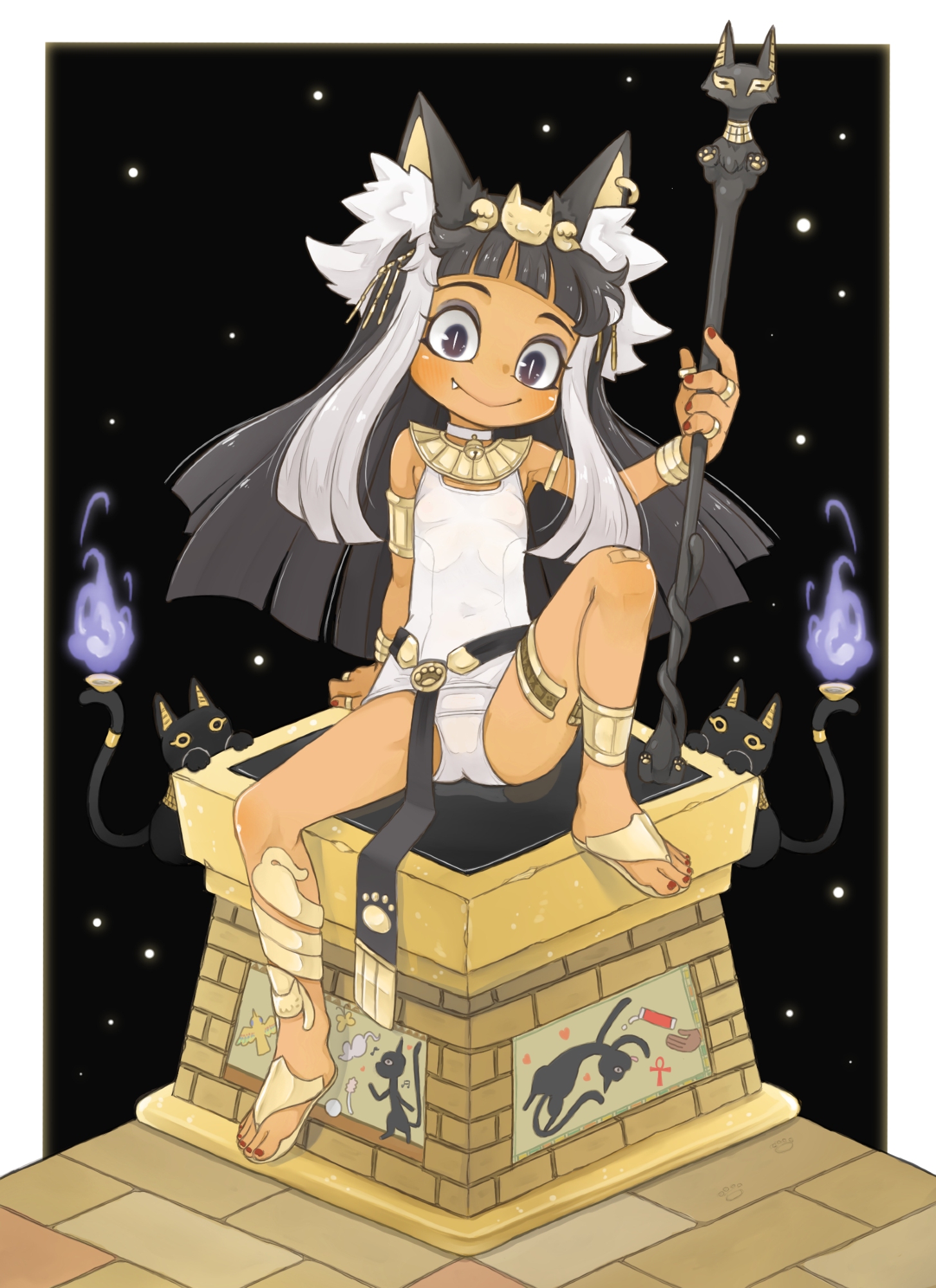 zangetsumaru, original, highres, 1girl, ancient egyptian, animal ears, anklet, black background, blush, bracelet, brown egyptian cat-eared loli (trend), brown eyes, cat, cat ears, closed mouth, fang, flat chest, full body, jewelry, long hair, looking at viewer, nail polish, one-piece swimsuit, open-toe shoes, ring, simple background, sitting, slit pupils, smile, solo, spread legs, swimsuit, thighlet, toenail polish, toenails, white one-piece swimsuit