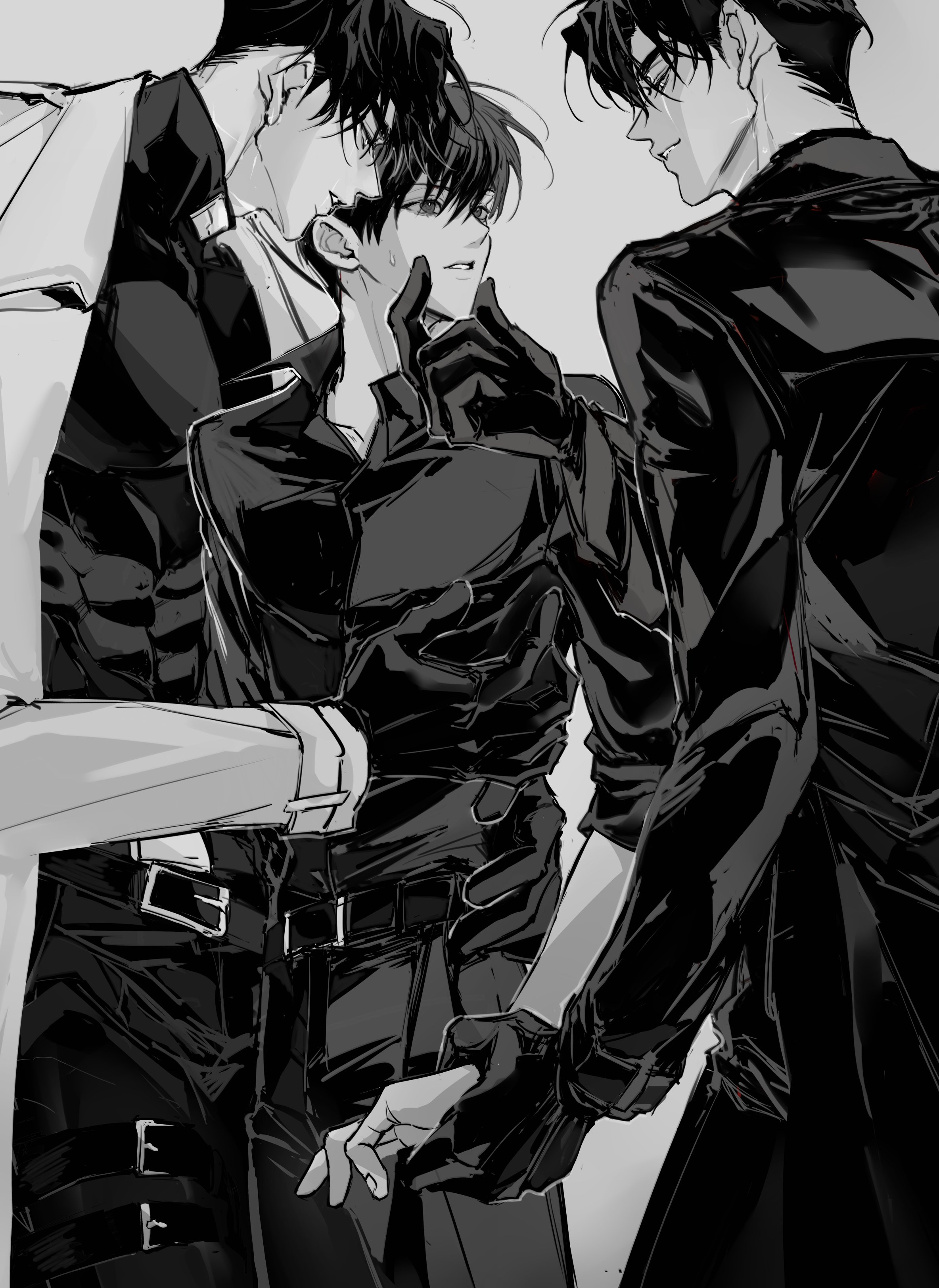 kim dokja, secretive plotter, yoo joonghyuk, omniscient reader's viewpoint, absurdres, highres, 3boys, black gloves, black hair, black shirt, clone harem, coat, collared shirt, cowboy shot, dual persona, gloves, grabbing another's chin, greyscale, grin, hand on another's chest, hand on another's chin, holding hands, looking at another, male focus, monochrome, multiple boys, open clothes, open coat, parted lips, rhyme1863, shirt, short hair, sleeves rolled up, smile, toned, toned male, white coat, yaoi