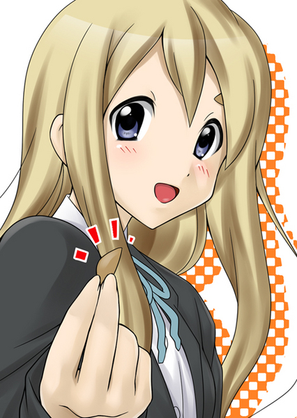 benimaru, kotobuki tsumugi, k-on!, eyebrows, bad id, bad pixiv id, 00s, 1girl, blonde hair, blue eyes, female focus, food, long hair, school uniform, solo, takuan