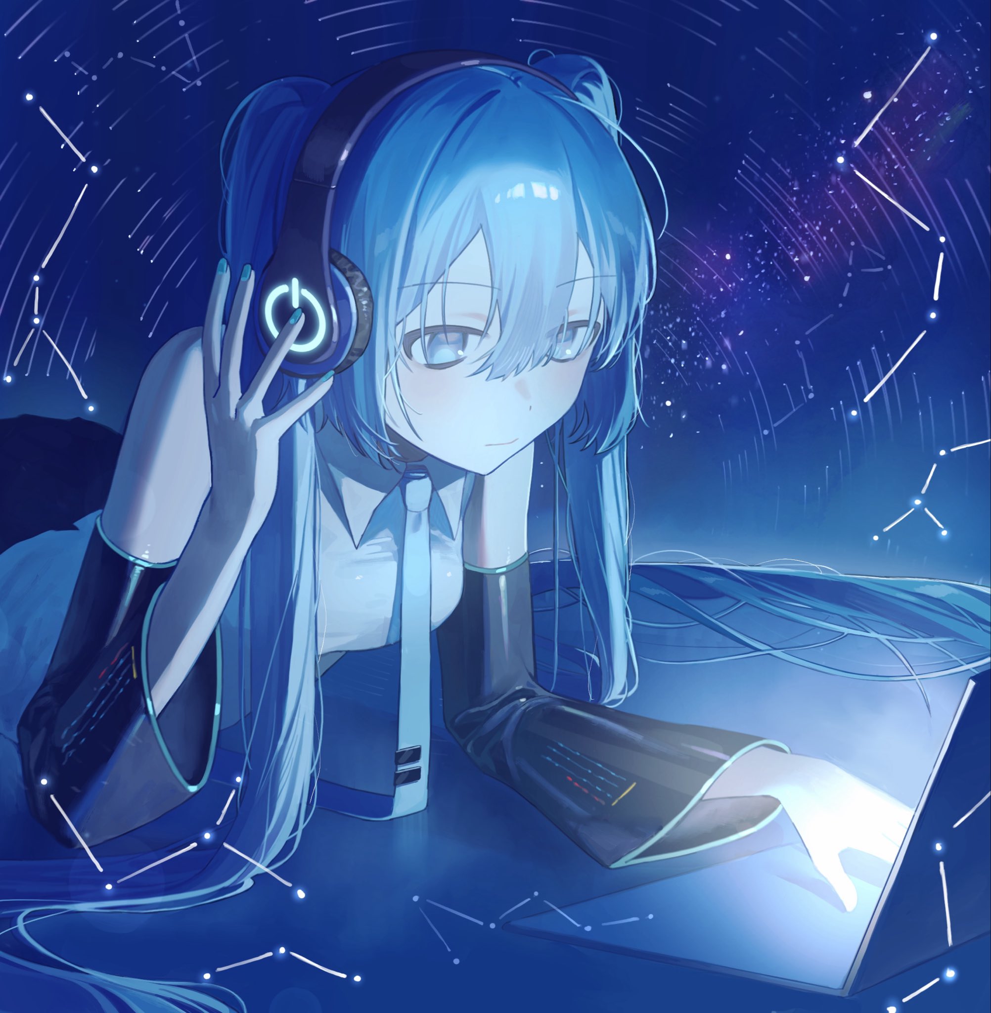 hakai orz, hatsune miku, vocaloid, highres, 1girl, aqua nails, aqua trim, black sleeves, blue eyes, blue hair, blue necktie, breasts, closed mouth, collared shirt, computer, constellation, detached sleeves, hair between eyes, headset, laptop, long sleeves, lying, medium breasts, necktie, no pupils, on stomach, shirt, solo, star trail, white shirt, wide sleeves