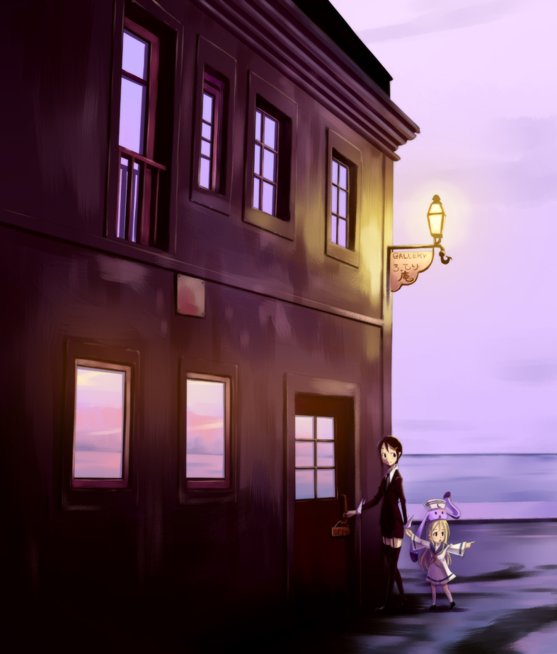 futari no ana, 2girls, black hair, blonde hair, building, child, dress, long hair, multiple girls, short hair, sky, thighhighs, walking