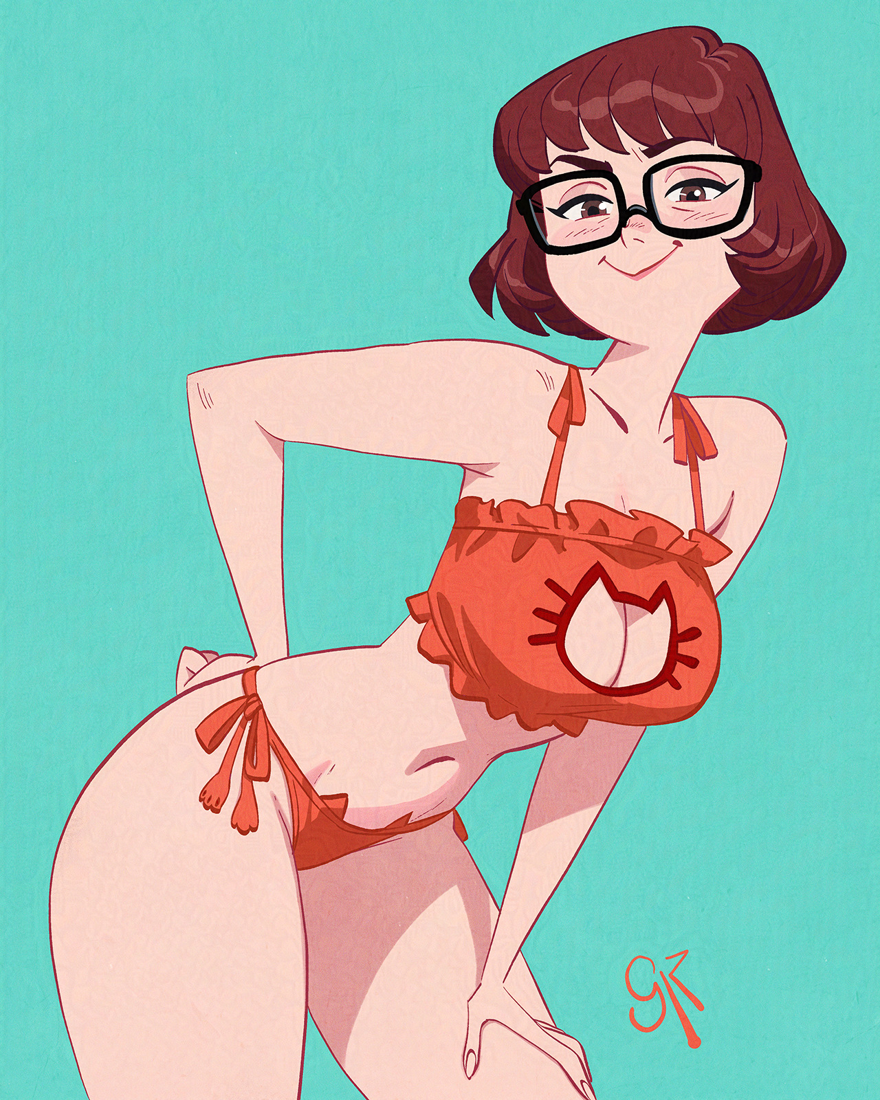 galmesh rosewood, velma dinkley, scooby-doo, adversarial noise, alt text, commentary, english commentary, highres, 1girl, artist name, black-framed eyewear, blush, bra, breasts, brown eyes, brown hair, cat cutout, cat ear panties, cat lingerie, cleavage, cleavage cutout, clothing cutout, frilled bra, frills, glasses, hand on own thigh, large breasts, leaning forward, looking at viewer, panties, short hair, side-tie panties, simple background, smile, solo, underwear