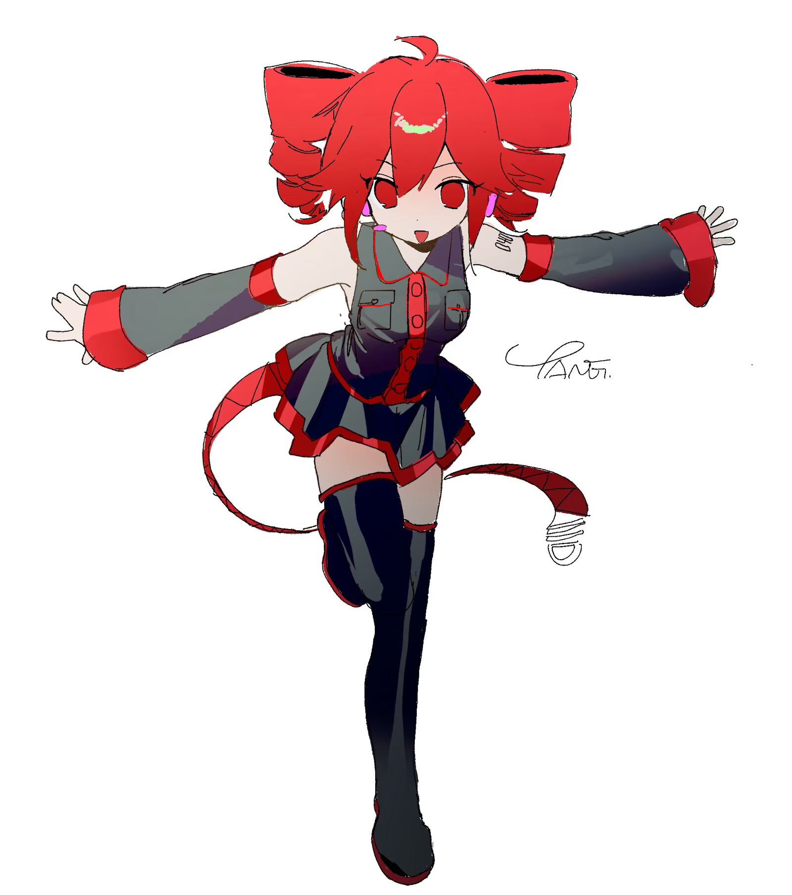 tanglaoban1225, kasane teto, kasane teto (utau), utau, commentary, hashtag-only commentary, highres, 1girl, blush stickers, boots, collared shirt, detached sleeves, drill hair, full body, headphones, long sleeves, open mouth, outstretched arms, pleated skirt, red eyes, red hair, shirt, single blush sticker, skirt, sleeveless, sleeveless shirt, smile, solo, standing, standing on one leg, thigh boots, twin drills