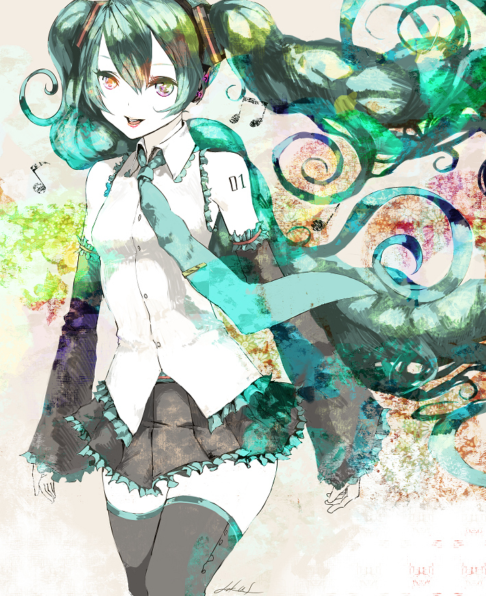 kunimura hakushi, hatsune miku, vocaloid, bad id, bad pixiv id, 1girl, aqua hair, bare shoulders, curly hair, detached sleeves, female focus, lips, long hair, multicolored eyes, musical note, necktie, open mouth, pale skin, signature, skirt, smile, solo, thighhighs, twintails, very long hair, zettai ryouiki