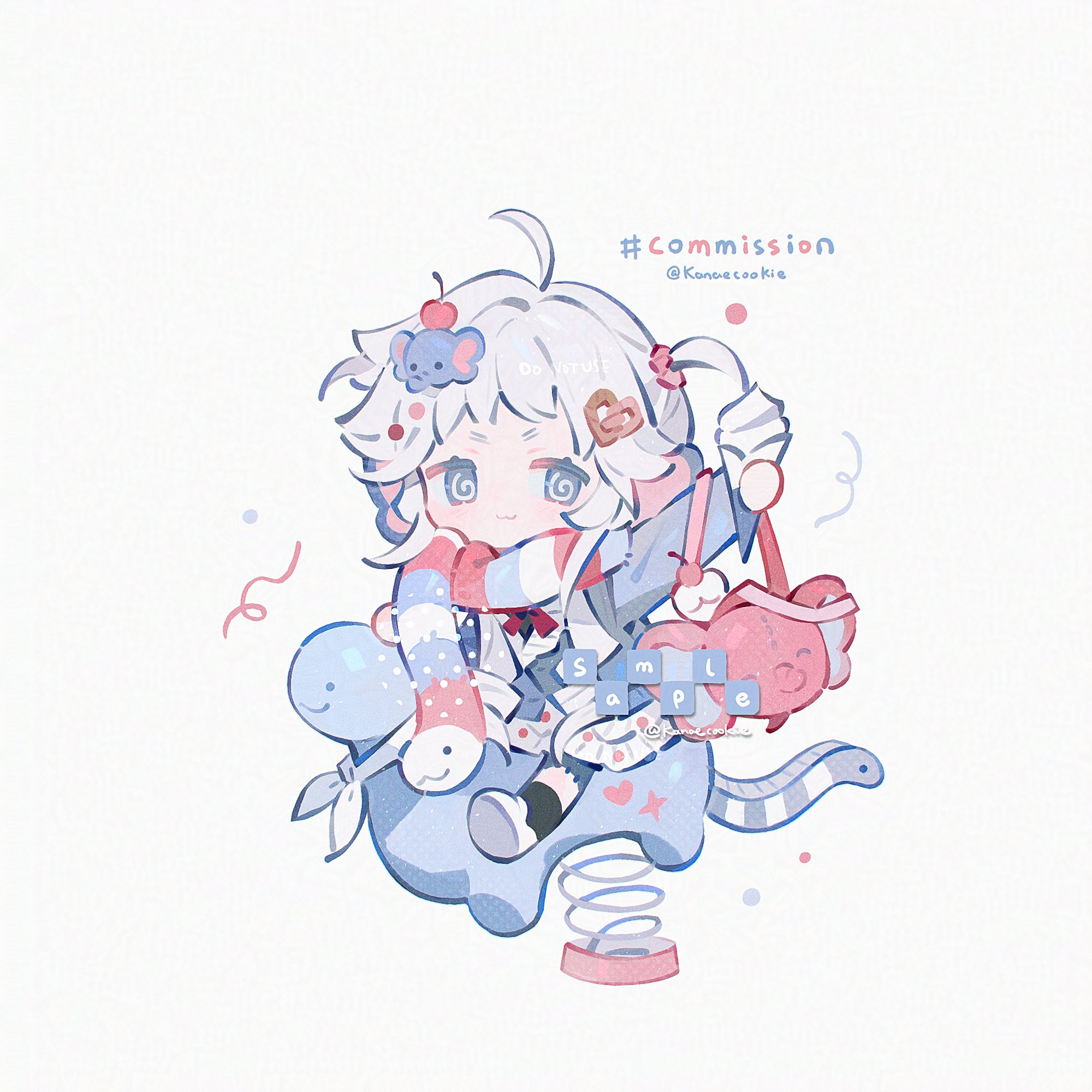 kanae (cookie), original, commission, highres, 1girl, :3, @ @, ahoge, black socks, chibi, chibi only, closed mouth, elephant hair ornament, food, full body, grey eyes, hair ornament, holding, holding food, holding ice cream, ice cream, long sleeves, looking at viewer, sample watermark, scarf, shirt, shoes, short hair, simple background, sitting, smile, socks, solo, spring rider, twitter username, watermark, white background, white hair, white shirt, white shoes