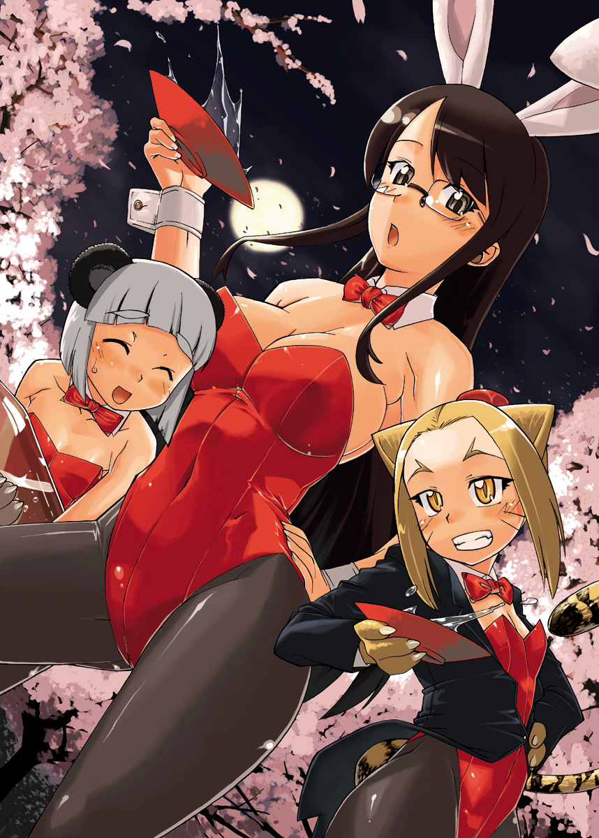 hyoukori hyoutai, takatsu keita, original, bad id, bad pixiv id, highres, 3girls, alcohol, animal ears, animal hands, bare shoulders, black eyes, black hair, blonde hair, bottle, bowl, breasts, cherry blossoms, closed eyes, cup, dutch angle, fake animal ears, full moon, grey hair, kittysuit, large breasts, leotard, long hair, medium breasts, moon, multiple girls, nontraditional playboy bunny, panther ears, panther paws, pantyhose, playboy bunny, rabbit ears, red leotard, sakazuki, sake, short hair, strapless, strapless leotard, tail, tailcoat, tiger ears, tiger paws, tiger tail, whiskers, yellow eyes