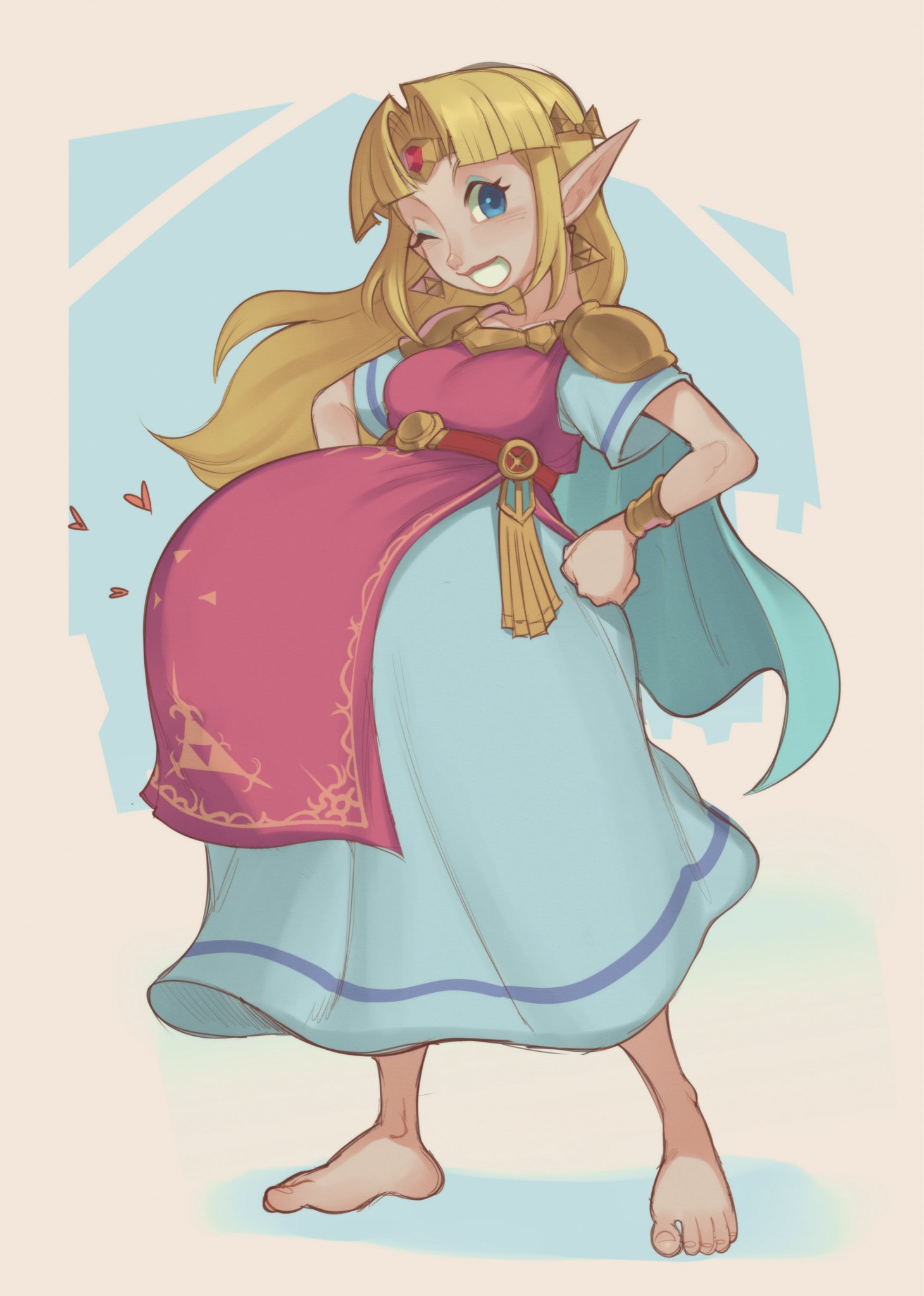 hellbrain, princess zelda, nintendo, the legend of zelda, the legend of zelda: a link to the past, highres, 1girl, barefoot, blonde hair, blue eyes, breasts, earrings, female focus, full body, hands on own hips, heart, jewelry, long hair, looking at viewer, medium breasts, one eye closed, pointy ears, pregnant, solo, wink