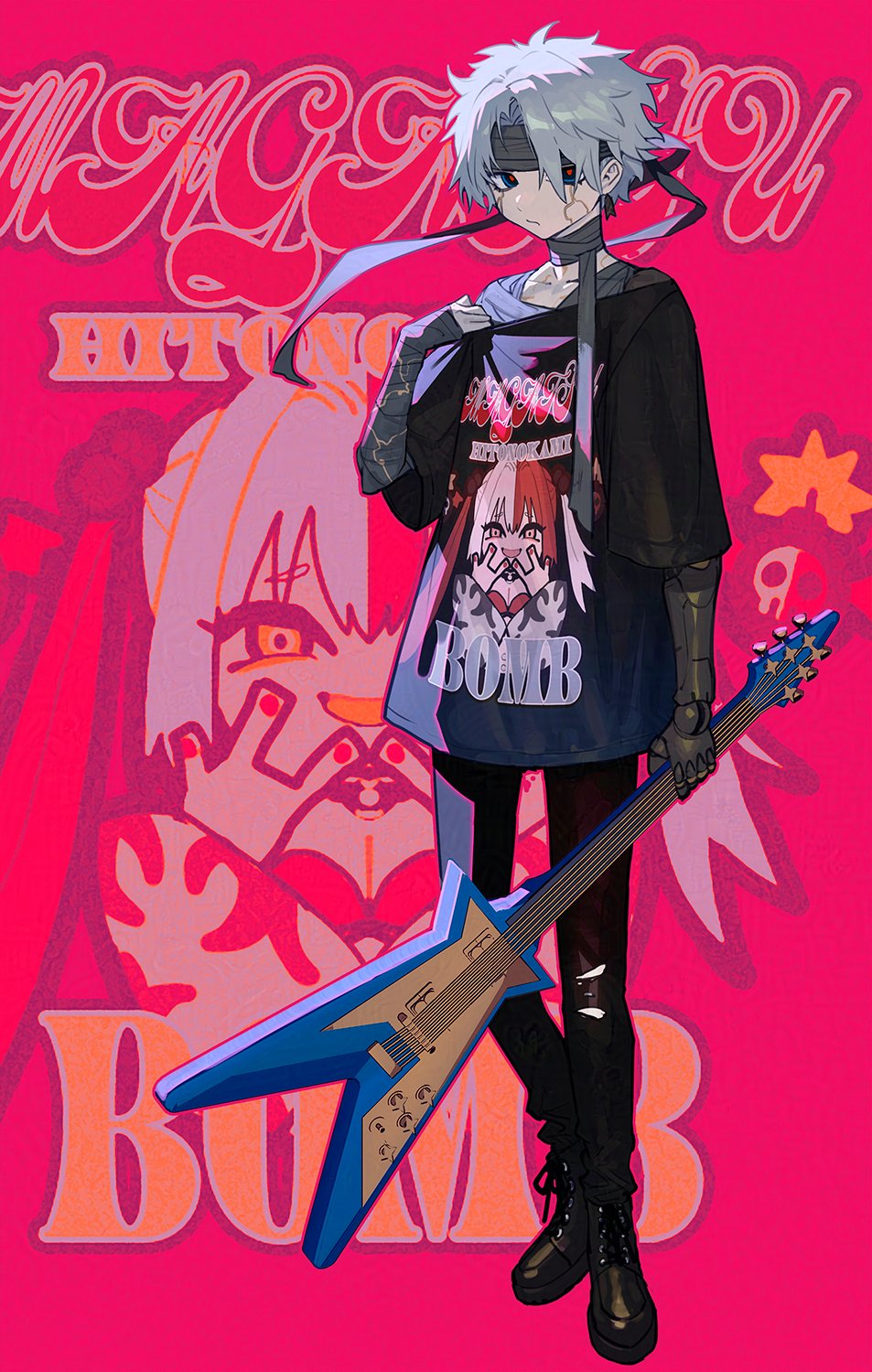 lack, matsunaga hisahide (fate), toudou heisuke (fate), fate/grand order, fate (series), highres, 1boy, n/, alternate costume, animal print, bandaged arm, bandaged neck, bandaged torso, bandages, black bandages, black headband, black shirt, blue eyes, bra, chain, chain necklace, character print, electric guitar, full body, guitar, hair bobbles, hair ornament, headband, holding, holding guitar, holding instrument, instrument, jewelry, multicolored hair, necklace, orange eyes, prosthesis, prosthetic arm, red bra, red hair, shirt, solo, split-color hair, tiger print, toudou heisuke (second ascension) (fate), underwear, white hair