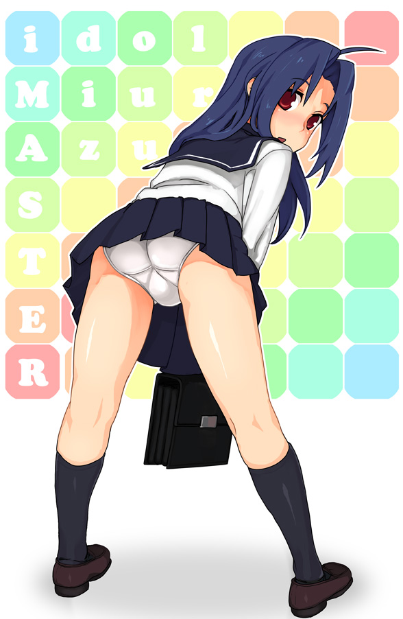 rkrk, miura azusa, idolmaster, idolmaster (classic), bad id, bad pixiv id, 00s, 1girl, ass, bag, black socks, blue hair, female focus, full body, leaning forward, long hair, miniskirt, panties, pantyshot, pleated skirt, rainbow, red eyes, school bag, school uniform, serafuku, skirt, socks, solo, trefoil, underwear, upskirt, white panties