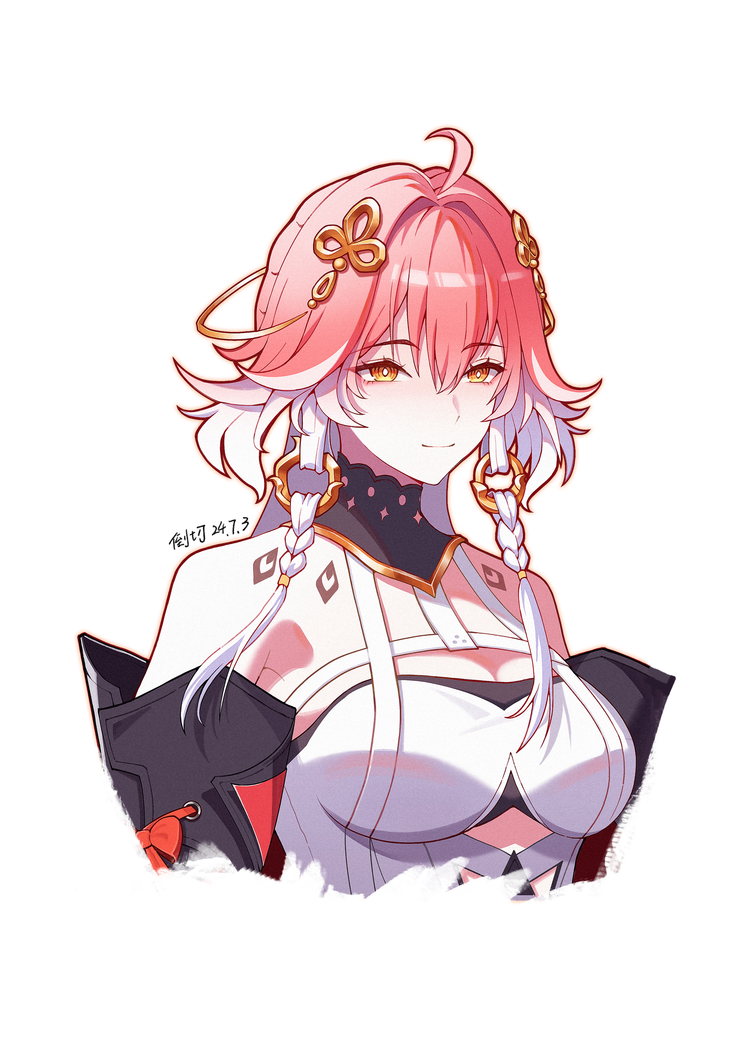 dao qie, changli (wuthering waves), wuthering waves, absurdres, commentary, highres, 1girl, ahoge, black collar, black jacket, black outline, body markings, braid, breasts, bright pupils, cleavage, clothing cutout, collar, cropped torso, dated, gradient background, hair between eyes, hair extensions, hair intakes, hair ornament, jacket, large breasts, looking ahead, multicolored hair, open clothes, open jacket, orange eyes, outline, pink hair, ring hair extensions, simple background, smile, solo, twin braids, two-tone hair, underboob cutout, upper body, white background, white hair, white pupils