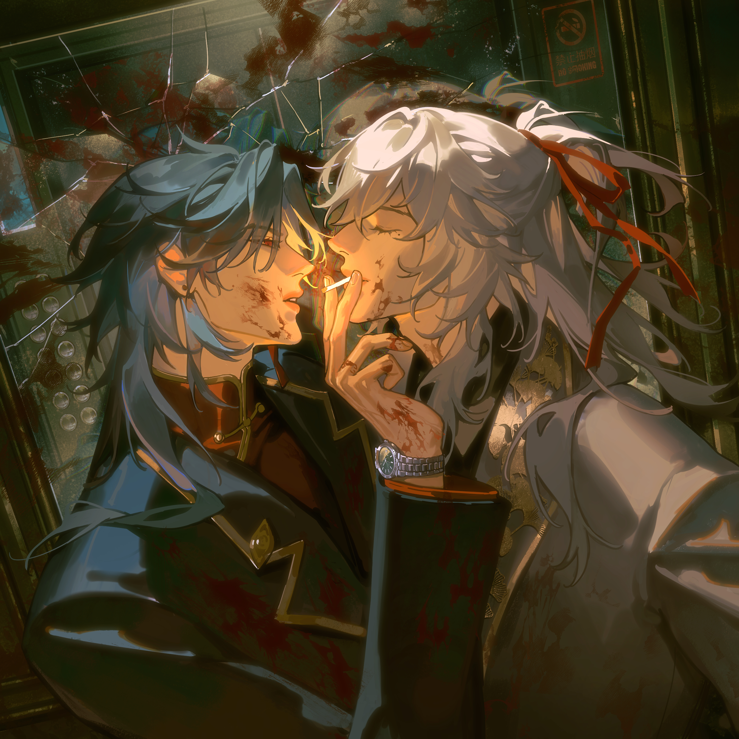 muoi, blade (honkai: star rail), jing yuan, honkai: star rail, honkai (series), absurdres, commentary, english commentary, highres, 2boys, arm up, black jacket, black shirt, blood, blood on clothes, blood on face, blood on hands, blood on mirror, blue hair, cigarette, collared shirt, crack, cracked glass, earrings, eyelashes, fingernails, formal clothes, gold trim, hair behind ear, hair ribbon, jacket, jewelry, lapels, lips, long hair, long sleeves, looking at another, male focus, mandarin collar, mirror, mole, mole under eye, multiple boys, parted lips, piercing, profile, red eyes, red ribbon, red shirt, ribbon, shirt, smoke, smoking, upper body, watch, white hair, white jacket, wing collar, wristwatch, yaoi