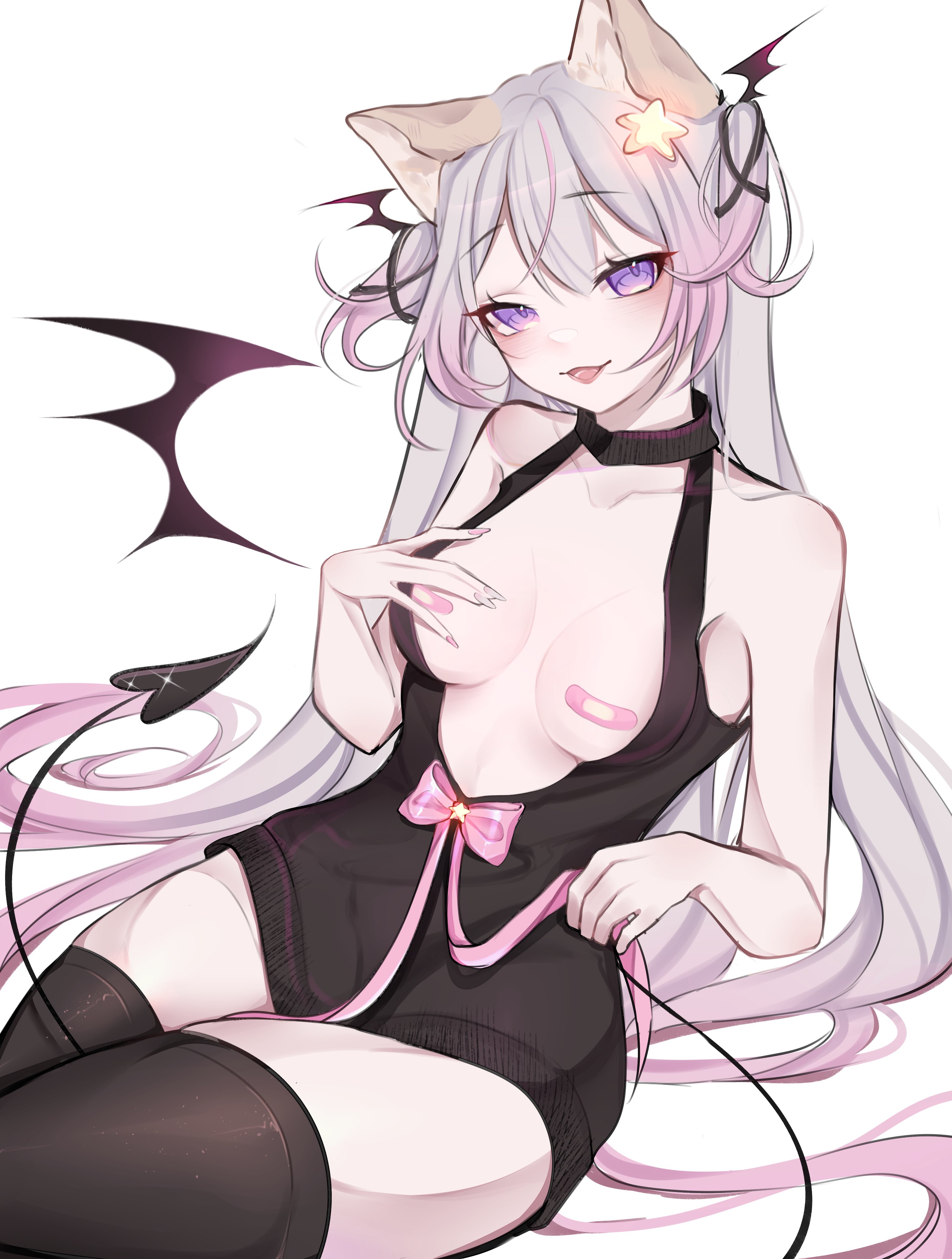 rosheil, annytf, indie virtual youtuber, absurdres, commentary, highres, 1girl, animal ears, bandaid, bandaids on nipples, black dress, black thighhighs, bow, breasts, breasts apart, cowboy shot, demon girl, demon tail, demon wings, double-parted bangs, dress, fingernails, fox ears, fox girl, grey hair, hair ornament, hand on own chest, head wings, long hair, looking at viewer, medium breasts, multicolored hair, nail polish, open mouth, pasties, pink bow, pink nails, pink streaks, purple eyes, revealing clothes, simple background, sitting, smile, solo, star (symbol), star hair ornament, streaked hair, tail, thighhighs, two side up, virtual youtuber, white background, wings