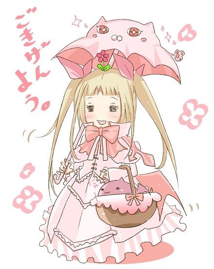 shii (niku-9), shii (pixiv), gii, nago, rachel alucard, arc system works, blazblue, bad id, bad pixiv id, 1girl, = =, alternate color, alternate costume, basket, blonde hair, bow, cat, dress, female focus, out of character, pink bow, ribbon, solo, twintails