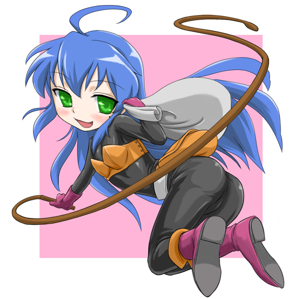 kurai (cry), izumi konata, thief (dq3), chunsoft, dragon quest, dragon quest iii, enix, lucky star, 1girl, ahoge, ass, blue hair, bodysuit, bodysuit under clothes, boots, cosplay, female focus, green eyes, latex, long hair, mole, mole under eye, pink boots, sack, solo, thief (dq3) (cosplay), whip