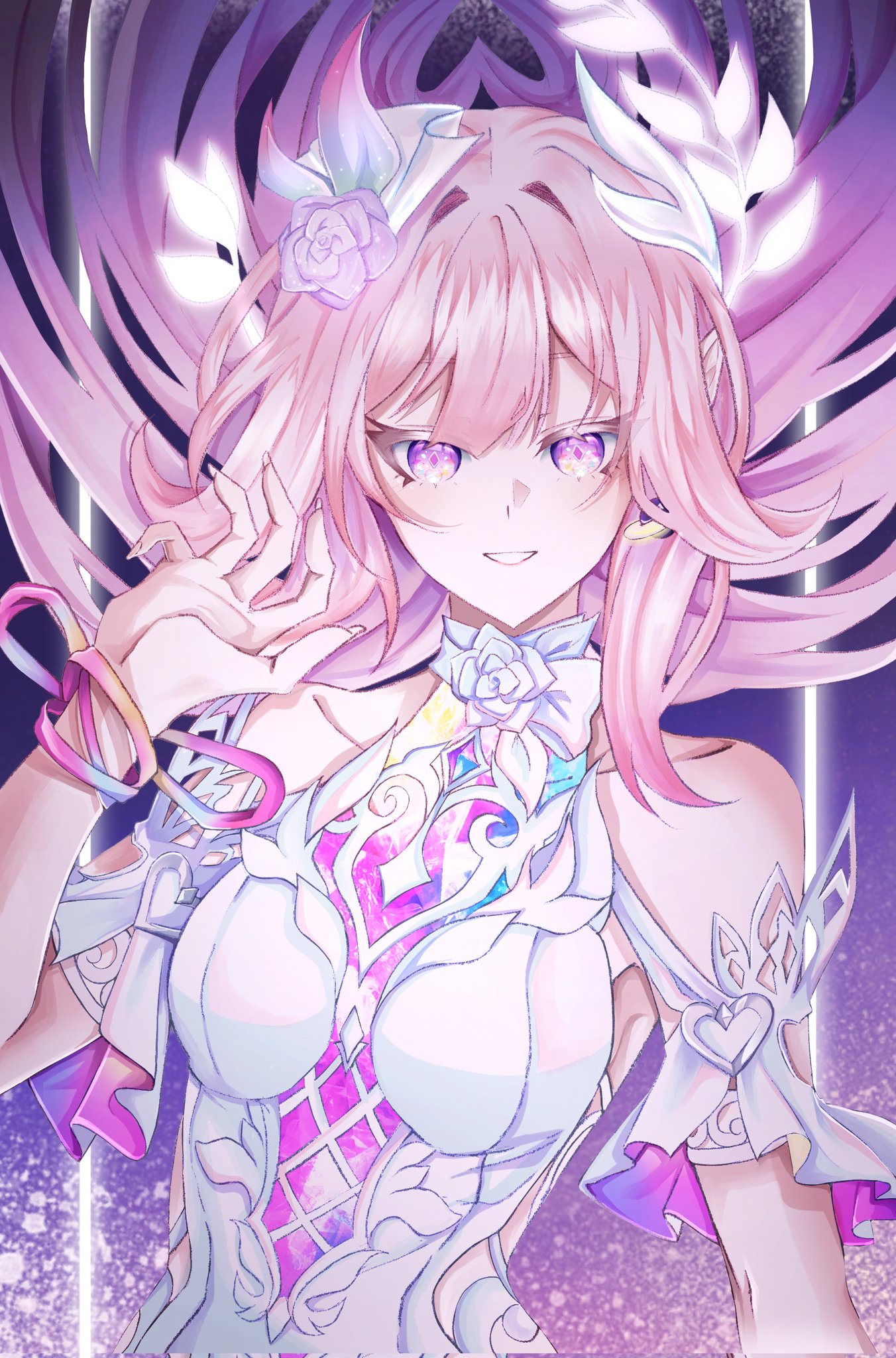 cyrene (honkai: star rail), cyrene (ripples of past reverie) (honkai: star rail), honkai: star rail, honkai (series), corrupted twitter file, hashtag-only commentary, highres, 1girl, bare shoulders, breasts, d elin072, diamond-shaped pupils, diamond (shape), dress, earrings, flower, hair flower, hair ornament, halo, jewelry, large breasts, long hair, looking at viewer, pink hair, pointy ears, purple eyes, smile, solo, symbol-shaped pupils, upper body, very long hair, white dress