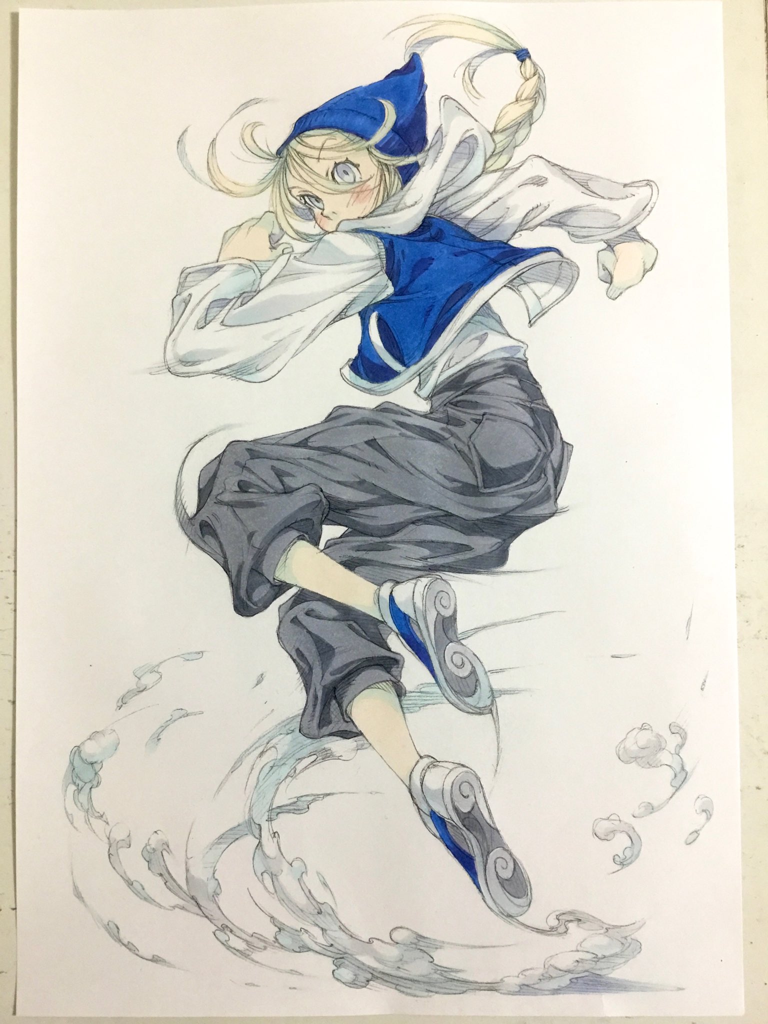 peter salt, original, commentary, highres, traditional media, 1girl, blonde hair, blue eyes, blue hat, blue shoes, blue vest, braid, full body, grey pants, hat, hood, hood down, hoodie, jumping, long hair, looking at viewer, looking back, no socks, pants, phrygian cap, shoes, single braid, sneakers, solo, vest, white background, white hoodie, wind