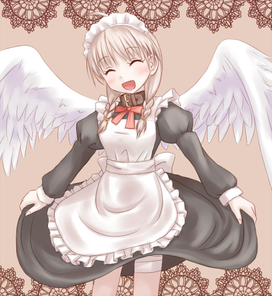 yuyuzuki (yume usagi), original, bad id, bad pixiv id, 1girl, apron, blonde hair, blush, bow, closed eyes, collar, female focus, long sleeves, maid, maid headdress, open mouth, puffy long sleeves, puffy sleeves, smile, solo, white apron, wings