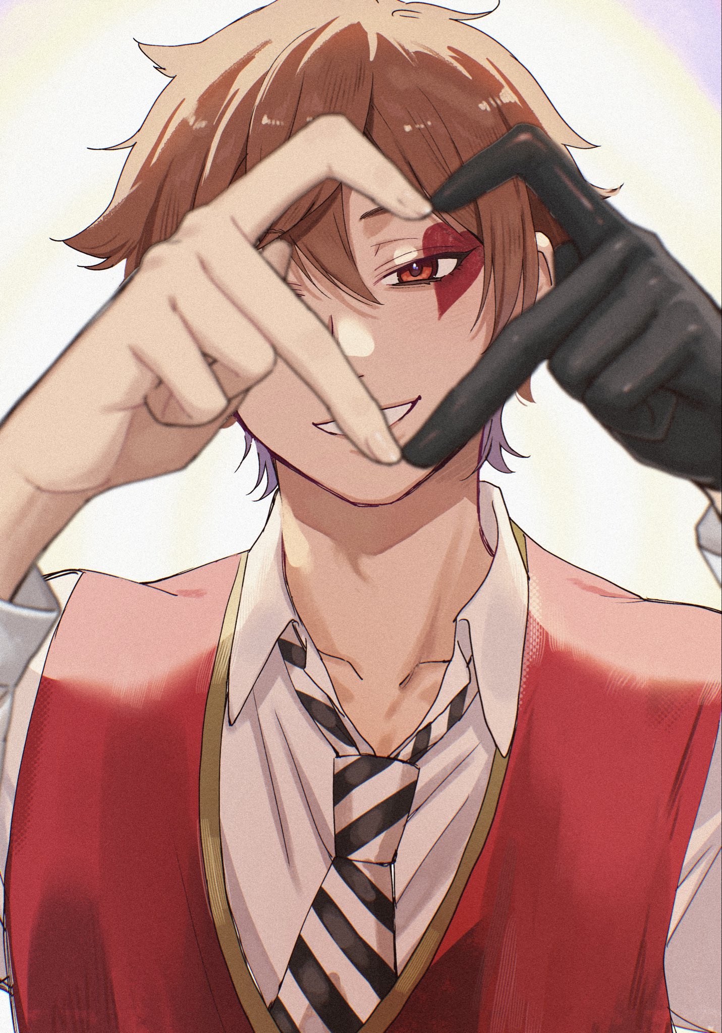 ace trappola, twisted wonderland, commentary, highres, symbol-only commentary, 1boy, arm up, black gloves, brown hair, collarbone, collared shirt, diagonal-striped clothes, diagonal-striped necktie, facial mark, four-finger heart hands, gloves, heart, heart facial mark, heart hands, heart hands over eye, long sleeves, looking at viewer, male focus, necktie, open collar, parted bangs, red eyes, red vest, shirt, single glove, smile, solo, striped clothes, striped necktie, teeth, uniz mz, vest, white shirt, wing collar