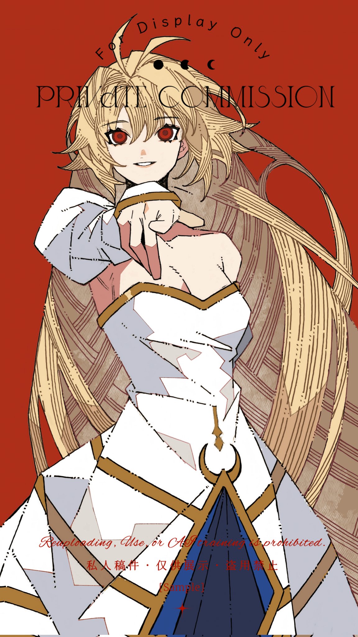 momo 007, archetype earth, arcueid brunestud, tsukihime, tsukihime (remake), highres, 1girl, ahoge, bare shoulders, blonde hair, breasts, cleavage, detached sleeves, dress, english text, floating hair, hair between eyes, hair intakes, long hair, looking at viewer, pointing, pointing at viewer, red background, red eyes, smile, very long hair, wavy hair, white dress, yellow eyes