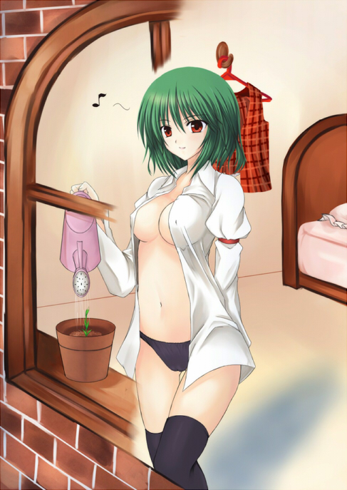 utakata (kochou no yume), kazami yuuka, touhou, bad id, bad pixiv id, 1girl, arm behind back, bedroom, black panties, black thighhighs, breasts, brick wall, female focus, green hair, indoors, medium breasts, musical note, no bra, open clothes, open shirt, panties, plaid clothes, plaid vest, plant, potted plant, red eyes, shirt, smile, solo, thigh gap, thighhighs, underwear, vest, watering can, window