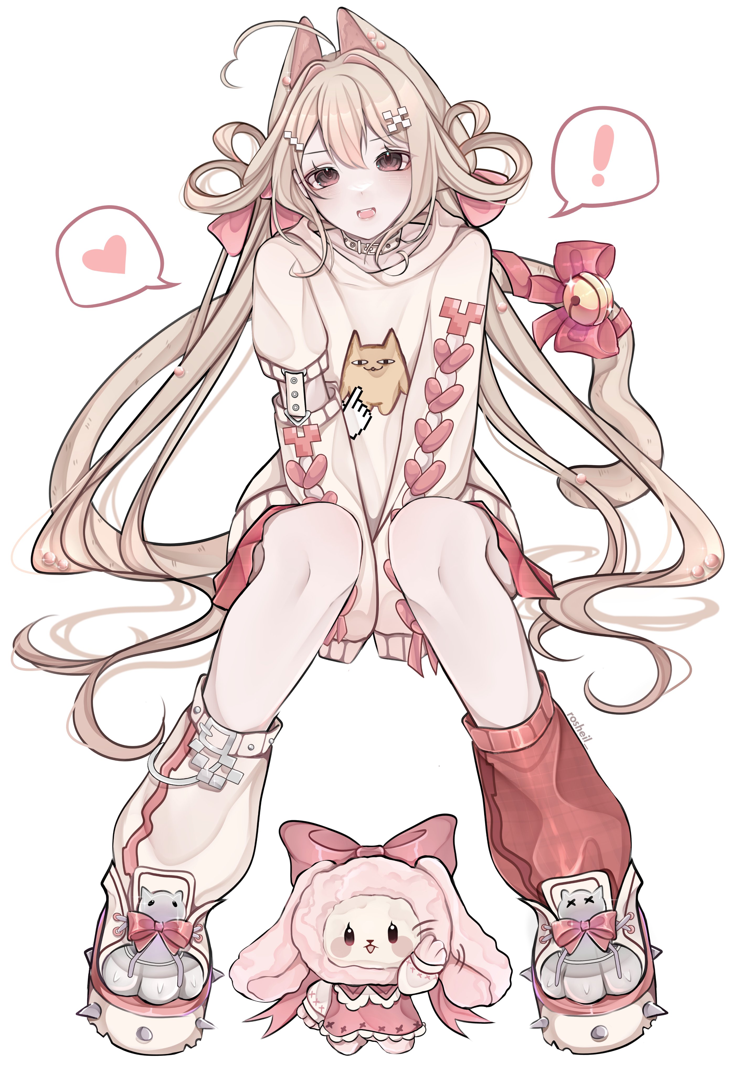 rosheil, mihama chiyo's father, azumanga daiou, original, absurdres, commentary, highres, symbol-only commentary, !, 1girl, ahoge, animal ears, asymmetrical footwear, bell, between legs, blonde hair, bow, brown hair, character print, cursor, double-parted bangs, full body, hair ornament, hand between legs, hand cursor, heart, jingle bell, knees, long hair, long sleeves, looking at viewer, mismatched footwear, mismatched socks, open mouth, red bow, red socks, simple background, sitting, sleeves past fingers, sleeves past wrists, socks, solo, speech bubble, spiked boots, spoken exclamation mark, spoken heart, stuffed animal, stuffed toy, sweater, tail, tail bell, tail bow, tail ornament, twintails, very long hair, white background, yellow socks, yellow sweater