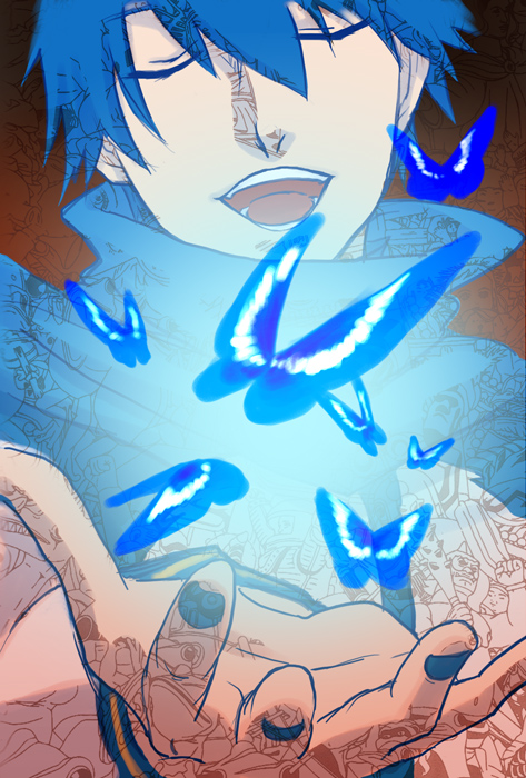 mukuge, kaito (vocaloid), byakkoya no musume, paprika, vocaloid, bad id, bad pixiv id, 1boy, blue hair, blue scarf, bug, butterfly, closed eyes, crossover, male focus, parody, scarf, smile, solo