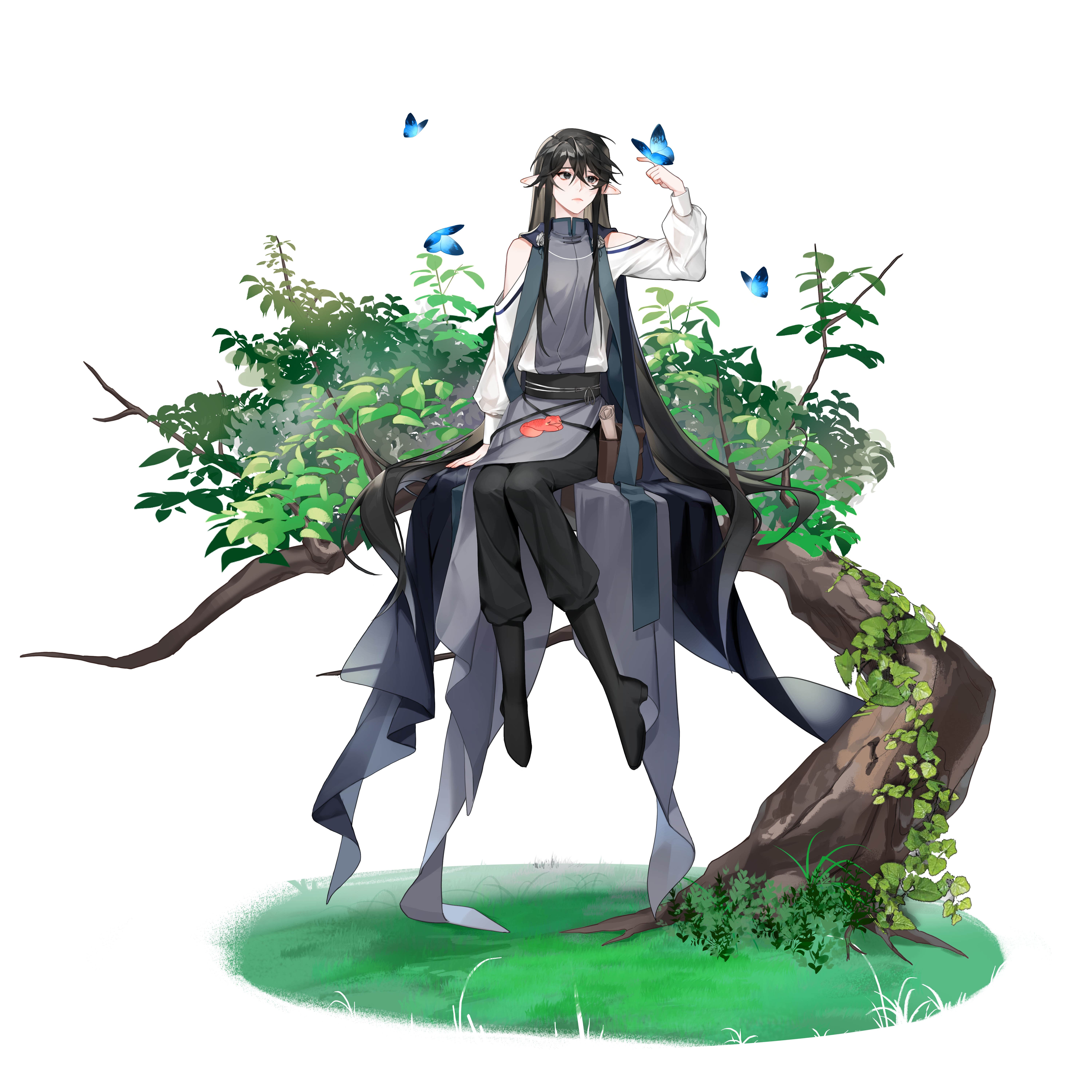 hh9903, original, absurdres, highres, korean commentary, 1boy, :<, animal, animal on lap, arm support, bare shoulders, belt pouch, black boots, black cape, black eyes, black pants, black sash, blue butterfly, boots, bug, butterfly, butterfly on hand, cape, clothing cutout, full body, grass, grey robe, hair between eyes, hand up, in tree, insect, knees together feet apart, long hair, long sleeves, looking at animal, looking up, male focus, on lap, pants, pants tucked in, parted lips, plant, pointy ears, pouch, robe, sash, scroll, shoulder cutout, sitting, sitting in tree, solo, stole, sweater guard, tree, two-tone robe, very long hair, vines, waist sash, white background, white robe