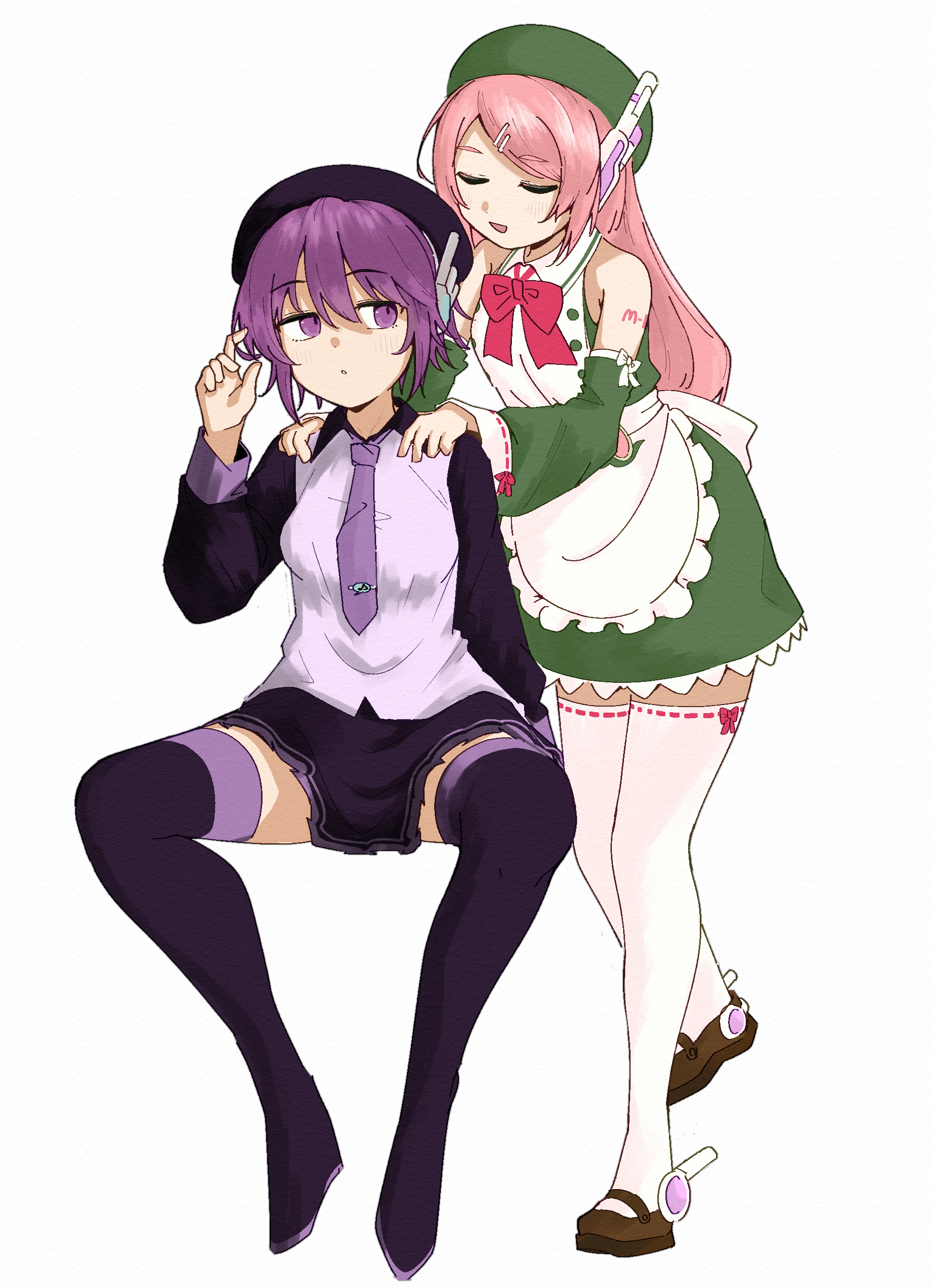 citrus nub17, momone momo, utane uta, utau, absurdres, commentary, hashtag-only commentary, highres, 2girls, apron, beret, boots, bow, bowtie, closed eyes, collared shirt, detached sleeves, dress, full body, hair ornament, hairclip, hand up, hands on another's shoulders, hat, index finger raised, invisible chair, long hair, long sleeves, looking at another, looking to the side, mary janes, multiple girls, necktie, open mouth, pink hair, purple eyes, purple hair, ribbon-trimmed sleeves, ribbon-trimmed thighhighs, ribbon trim, robot ears, shirt, shoes, short hair, sitting, smile, thigh boots, thighhighs