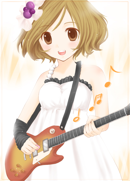 kousumi, hirasawa yui, don't say "lazy", k-on!, 00s, 1girl, brown eyes, brown hair, dress, female focus, gradient background, guitar, instrument, short hair, solo