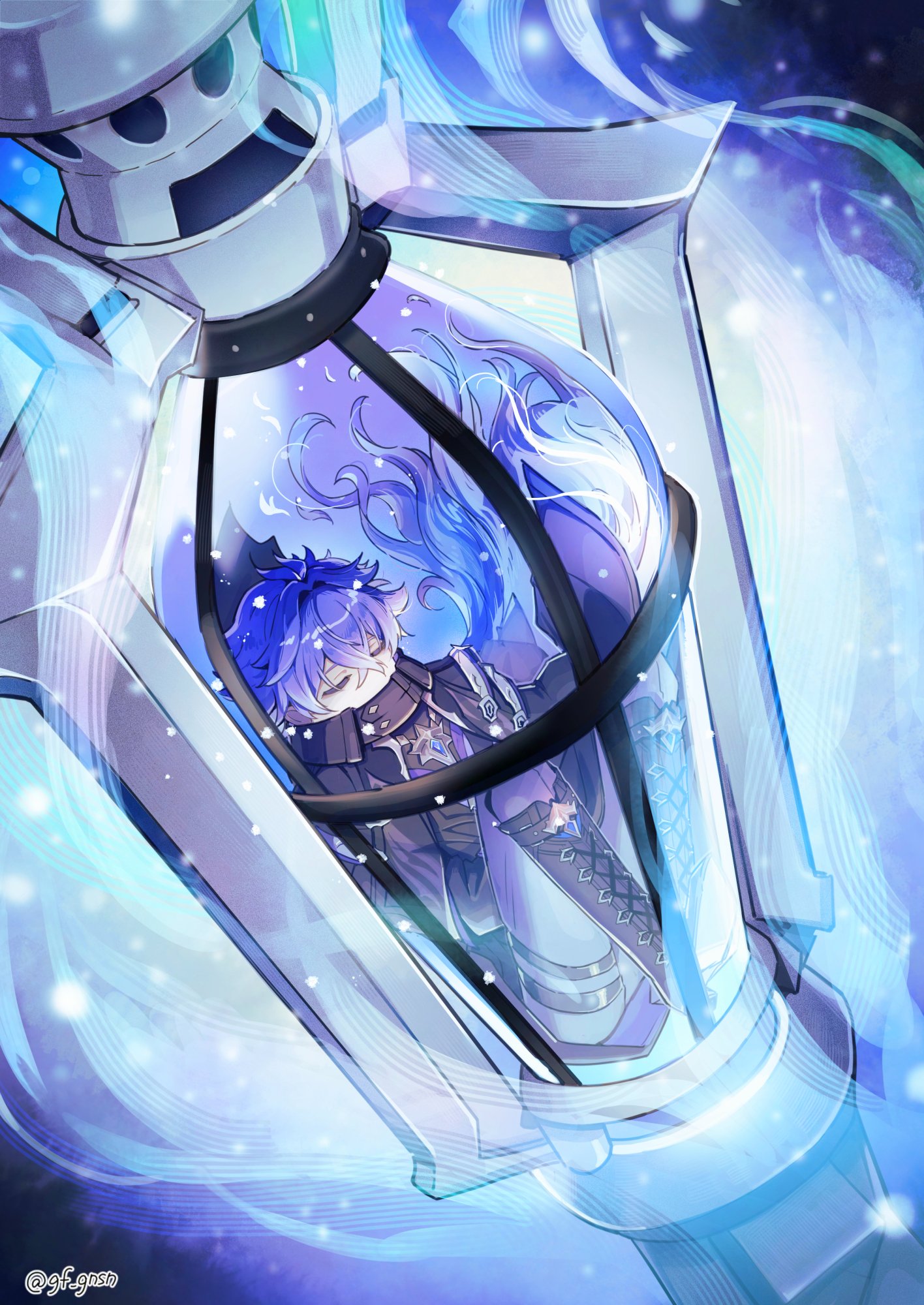 seto (gf gnsn), flins (genshin impact), genshin impact, commentary request, highres, 1boy, black boots, black coat, blue fire, blue gemstone, blue hair, boots, closed eyes, coat, collared coat, crossed bangs, double-parted bangs, fire, floating hair, gem, gradient hair, grey pants, lace-up boots, lantern, long hair, male focus, mini person, miniboy, multicolored hair, pants, solo, very long hair