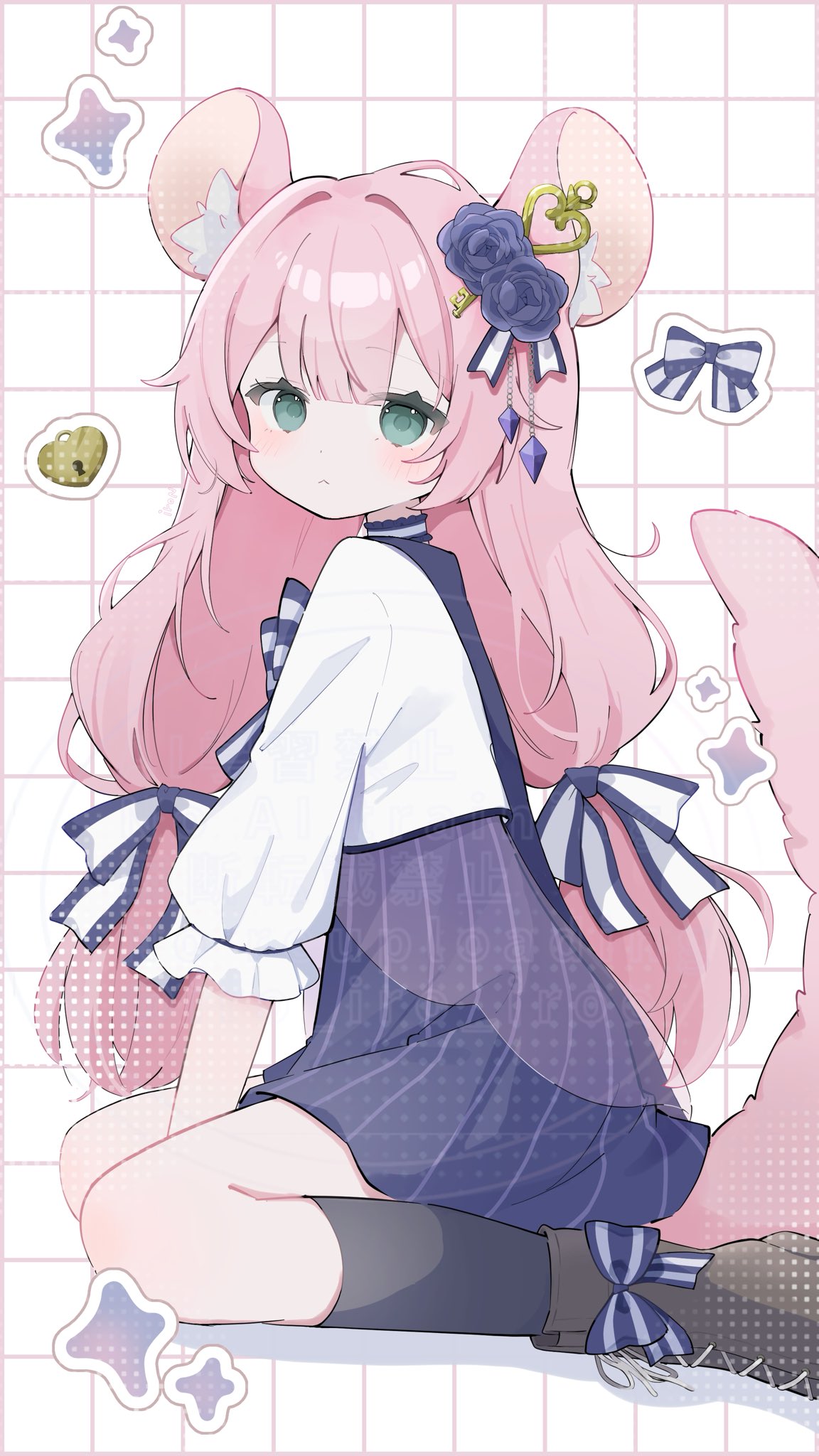 iro iro iroo, original, commentary, commission, highres, skeb commission, 1girl, :<, animal ear fluff, animal ears, black socks, blue ribbon, blue skirt, blunt bangs, blush, boots, borrowed character, brown boots, closed mouth, double-parted bangs, flower, green eyes, grid background, hair flower, hair ornament, hair ribbon, lace-up boots, long hair, long sleeves, looking at viewer, mouse ears, mouse girl, mouse tail, pink hair, ribbon, shirt, skirt, socks, solo, striped ribbon, tail, white background, white shirt