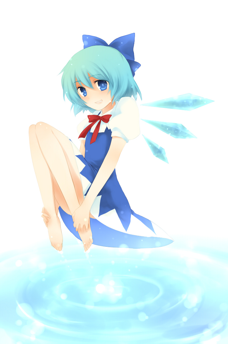 meimone, cirno, embodiment of scarlet devil, touhou, bad id, bad pixiv id, 1girl, barefoot, blue eyes, blue hair, dress, feet, female focus, full body, gradient background, hands on feet, matching hair/eyes, ribbon, smile, solo, water, white background, wings