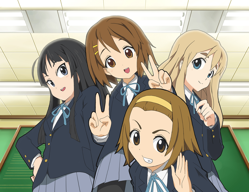 sarutoru, akiyama mio, hirasawa yui, kotobuki tsumugi, tainaka ritsu, k-on!, 00s, 4girls, black eyes, black hair, blonde hair, blue eyes, brown eyes, brown hair, chalkboard, classroom, from below, grin, ho-kago tea time, indoors, long hair, multiple girls, pantyhose, school, school uniform, short hair, smile, tomboy, v