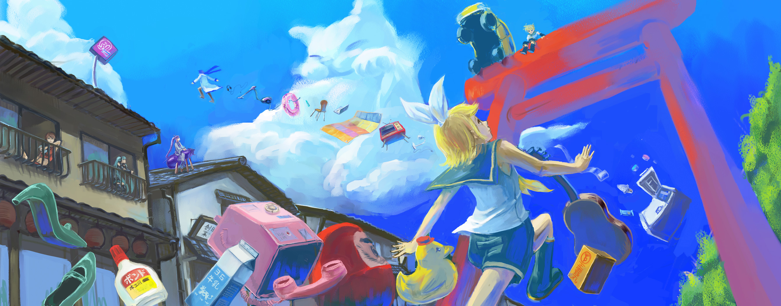 si-phone, hatsune miku, kagamine len, kagamine rin, kaito (vocaloid), kamui gakupo, meiko (vocaloid), byakkoya no musume, paprika, vocaloid, highres, long image, wide image, 00s, 3boys, 3girls, acoustic guitar, aqua hair, blonde hair, blue hair, bottle, box, brown hair, can, car, carpet, cat, chair, cloud, computer, day, eggplant, food, guitar, hair ribbon, headphones, ice cream, innertube, instrument, lamp, long hair, midriff, milk, motor vehicle, multiple boys, multiple girls, navel, payphone, phone, ponytail, purple hair, refrigerator, ribbon, rubber duck, scarf, scenery, shoes, short hair, shorts, sitting, skirt, sky, surreal, swim ring, television, thighhighs, torii, twintails, vacuum cleaner